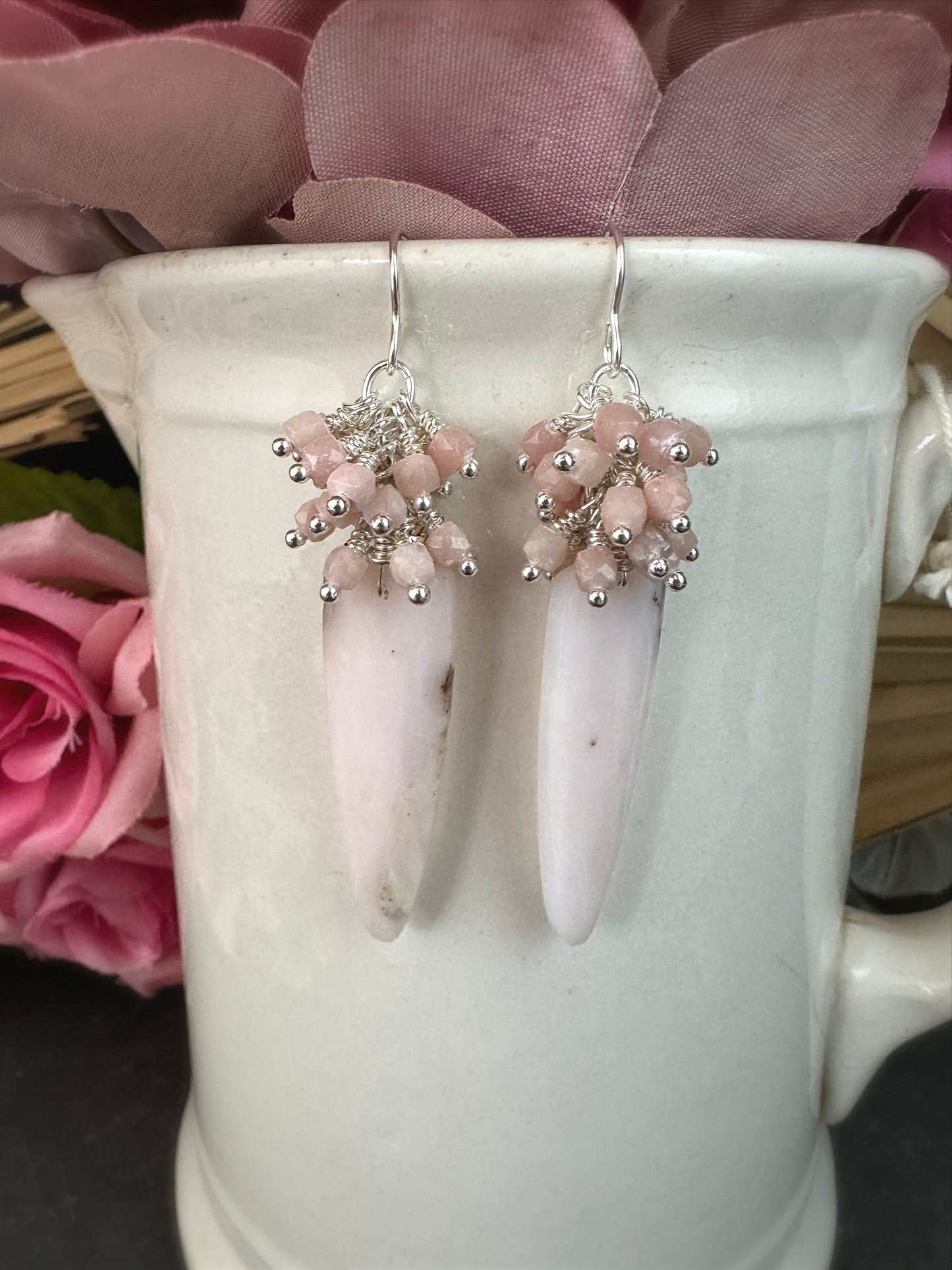 Pink opal stone, silver metal, earrings
