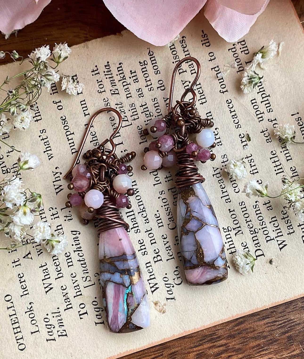 Pink opal drops, pink tourmaline, Pink opal faceted stones, copper metal earrings