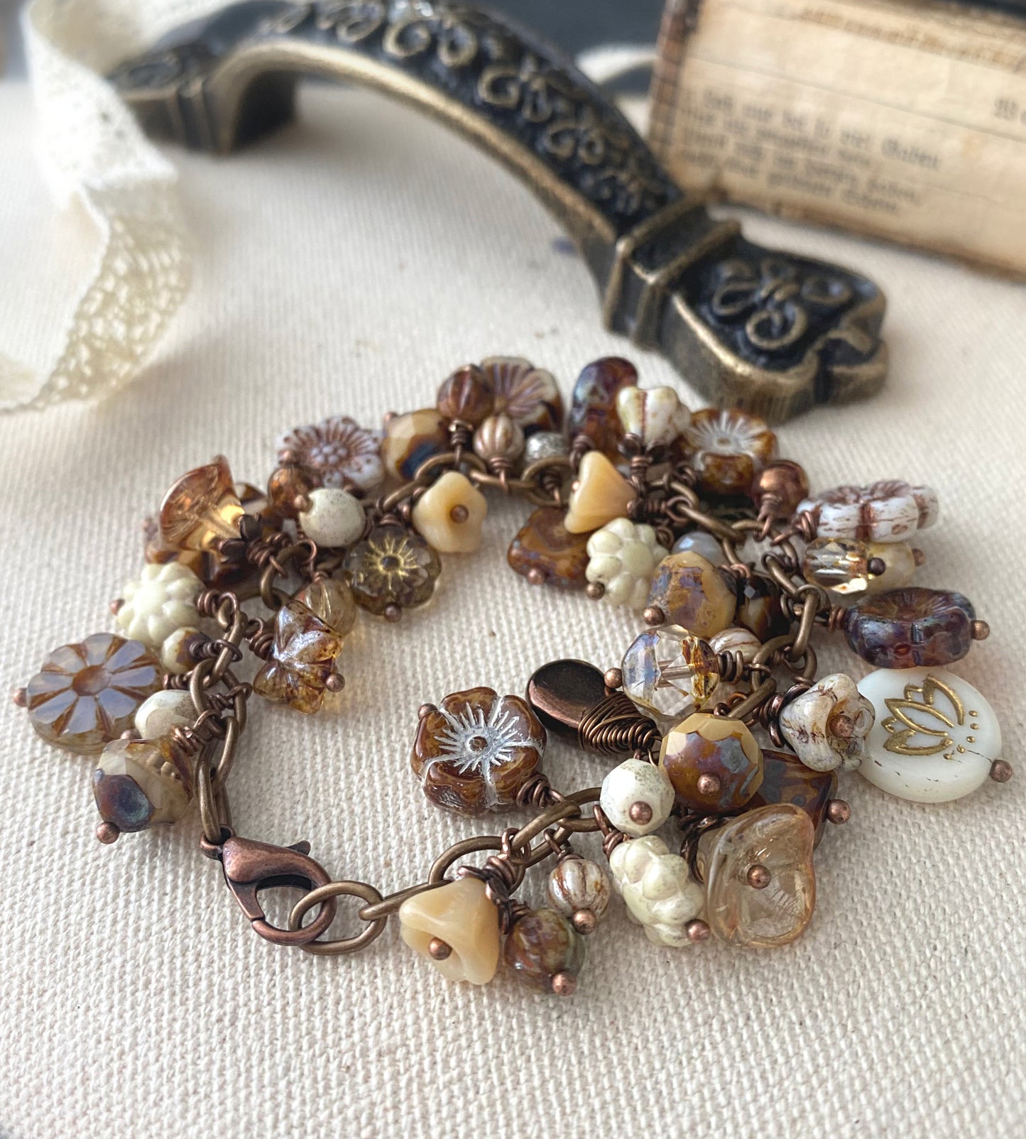 MTO. Brown and cream petals. Mixed gemstone, Czech glass, bronze metal bracelet. - Andria Bieber Designs