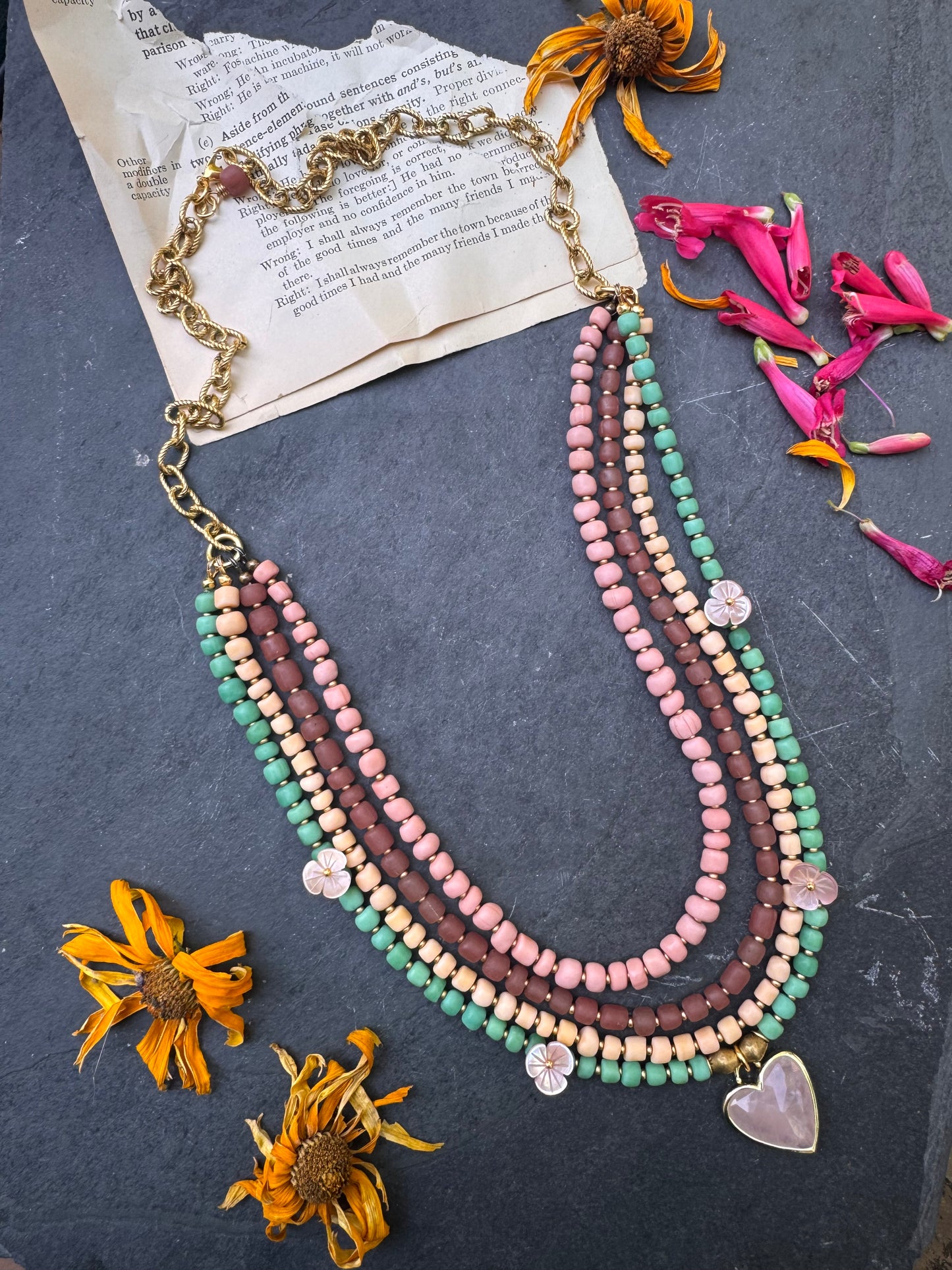 Java glass, gold metal, and rose quartz stone pendant, necklace