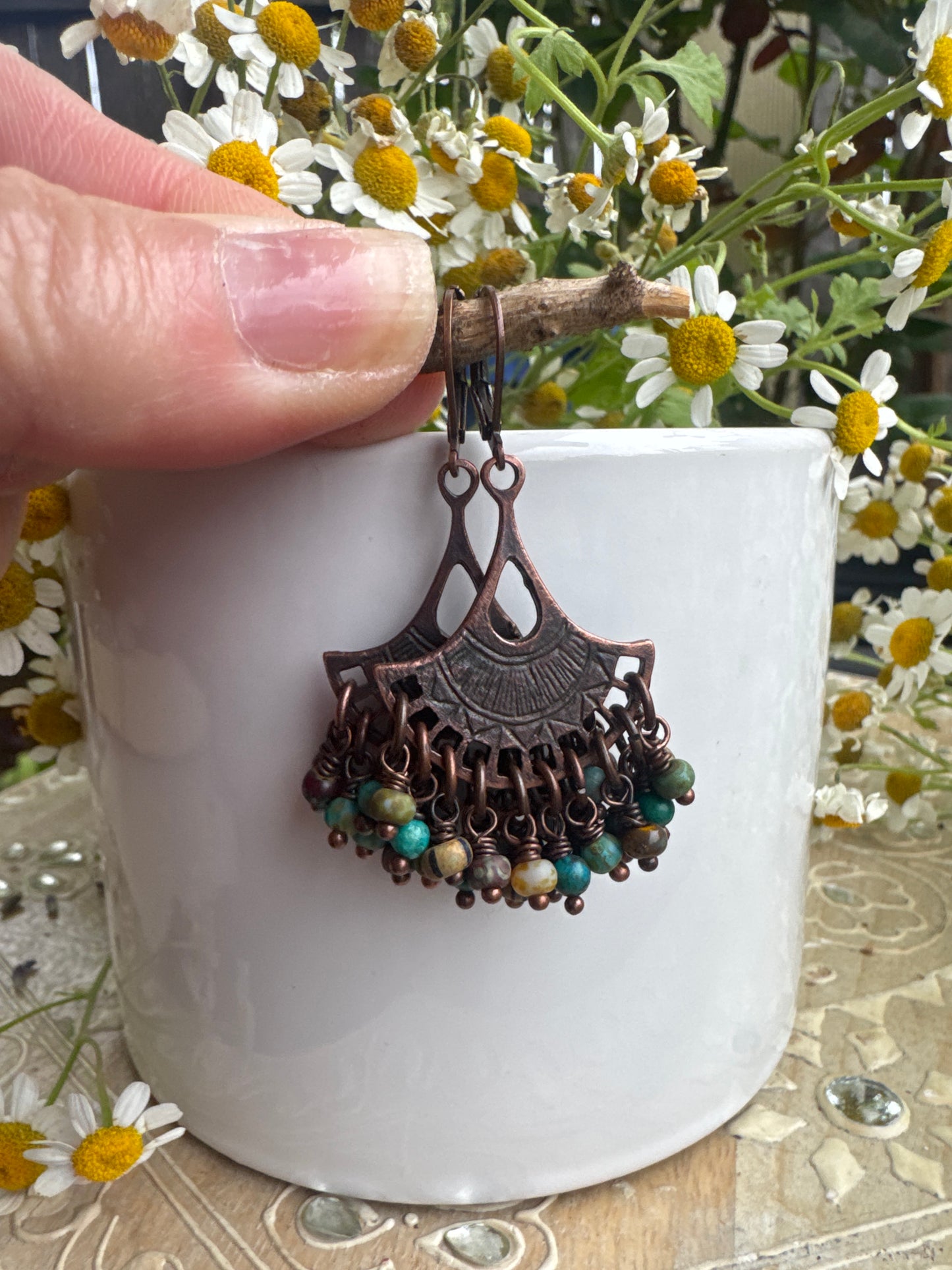 Czech glass,turquoise stone, copper charm, earrings