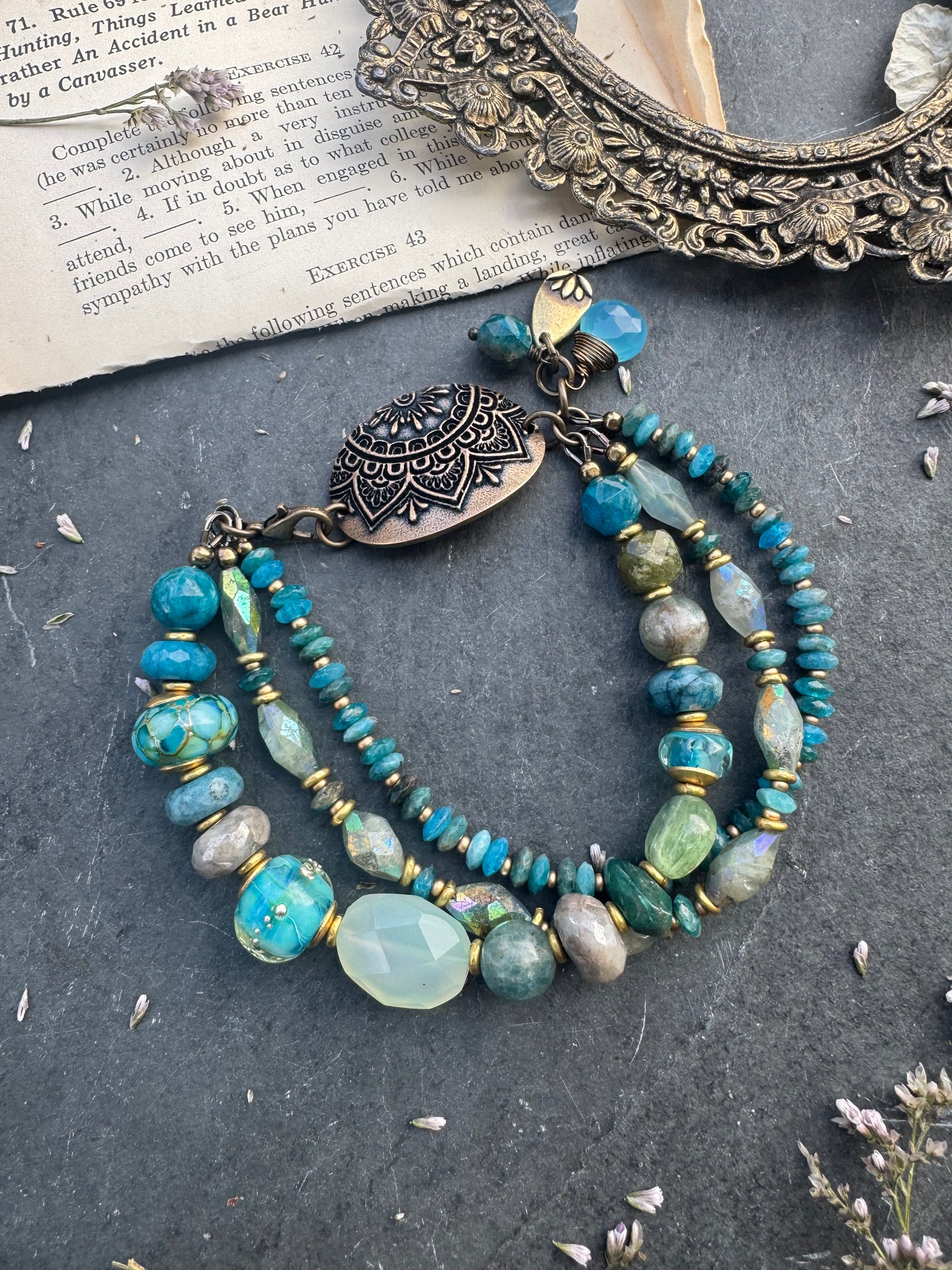 Mixed gemstone, lampwork glass, handmade bronze lotus flower pendant, bracelet