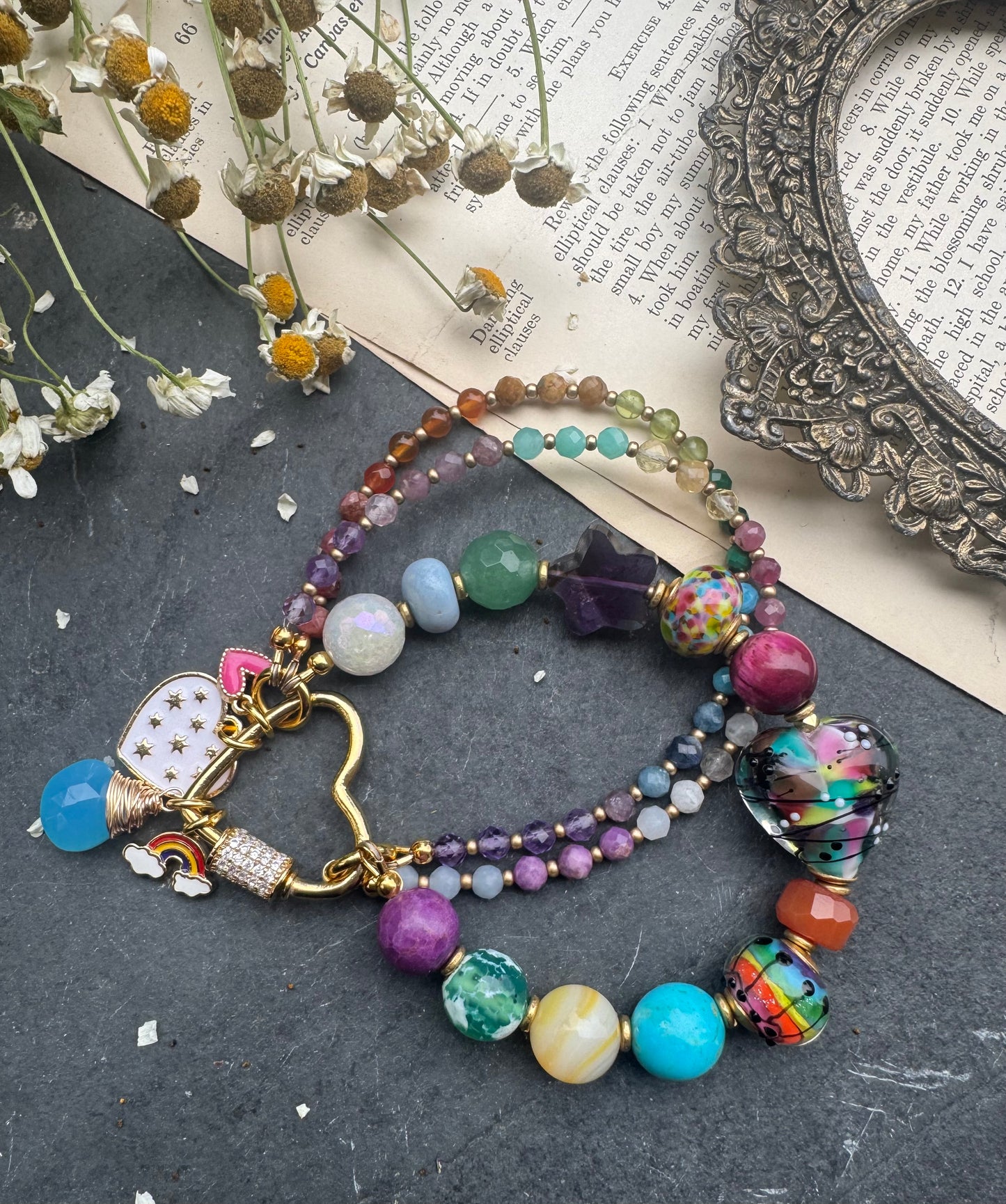 Rainbow. Mixed gemstone, lampwork glass, rhinestone clasp. Kit.