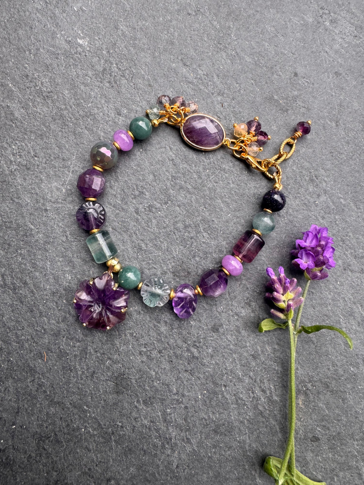 Fluorite, amethyst, jade and gold metal bracelet.