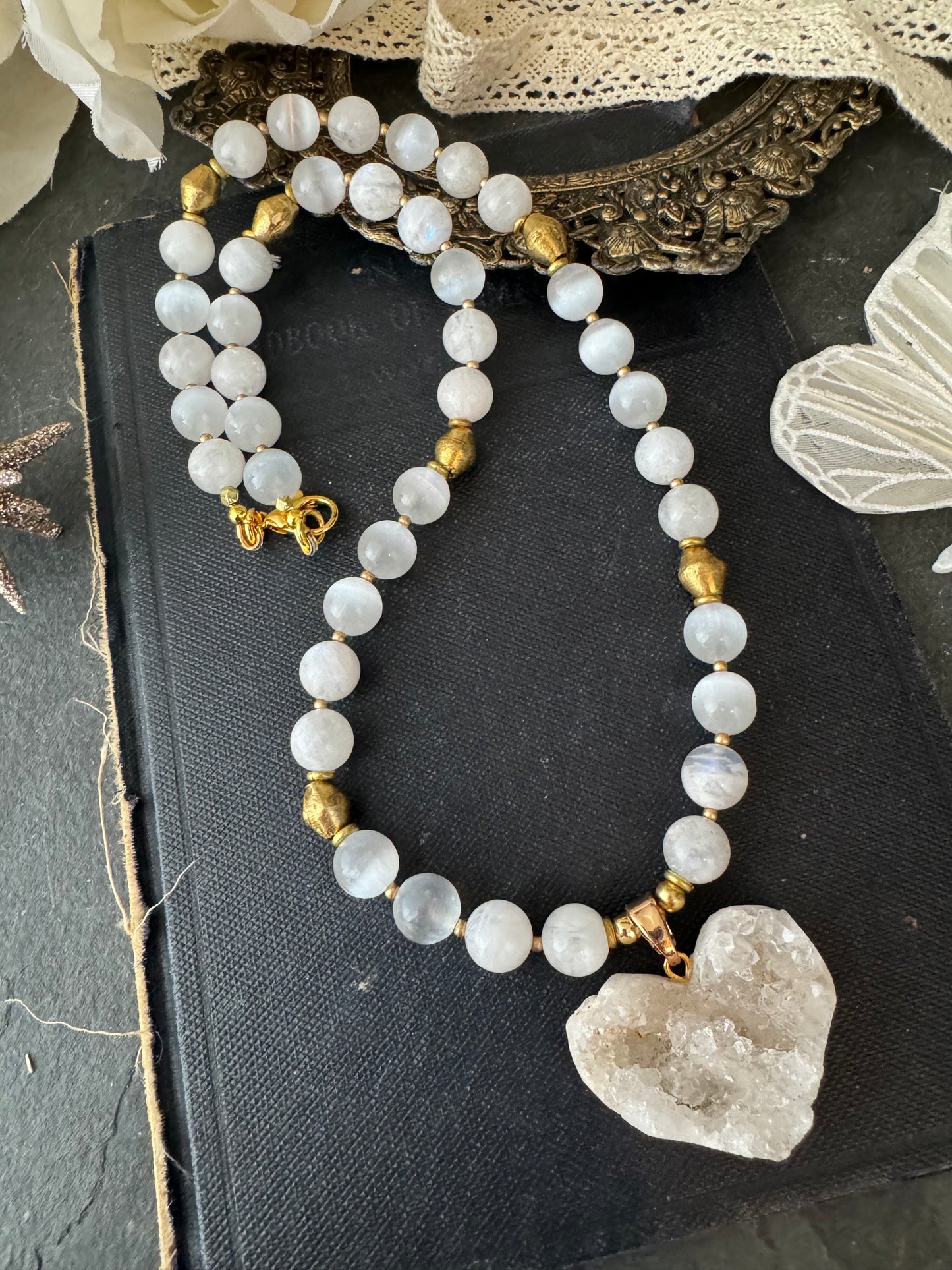(Moonstone, selenite stone, heart druzy pendant, brass metal, necklace