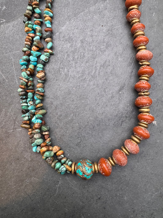 Turquoise chip, Java glass, African brass metal, necklace