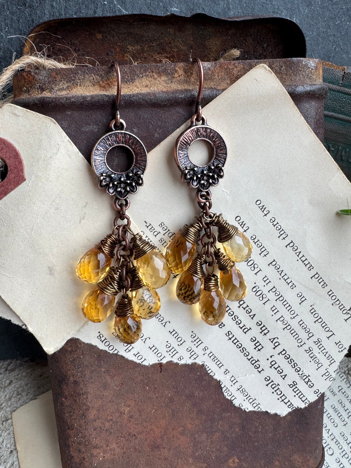 Flower copper detailed charms, faceted citrine stone, copper earrings
