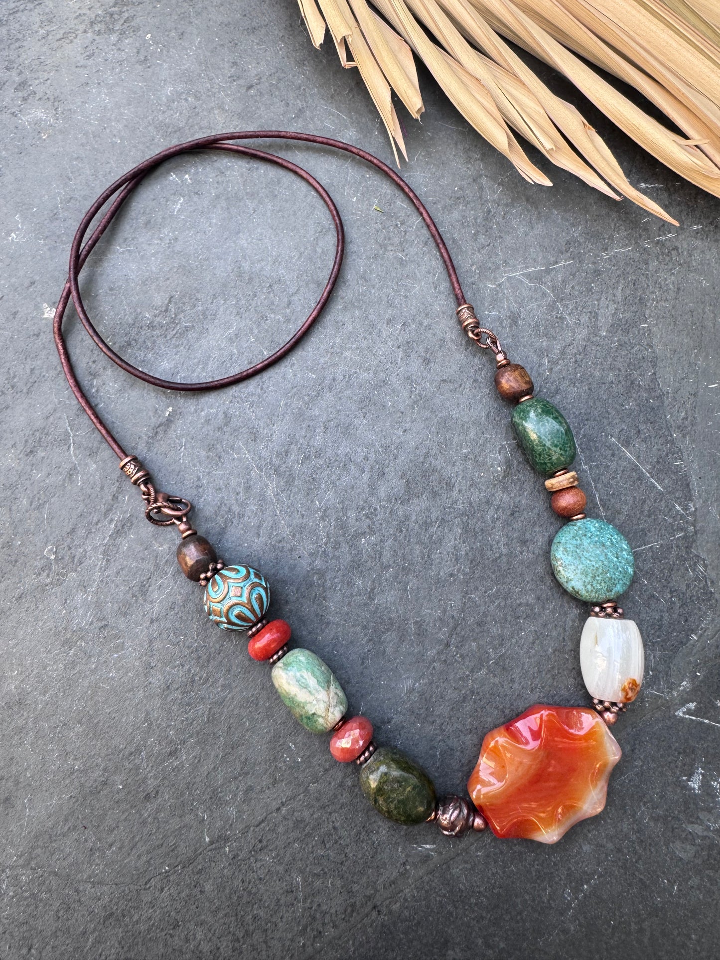 Turquoise, Mixed stone, wood, carnelian agate, copper metal, leather, necklace