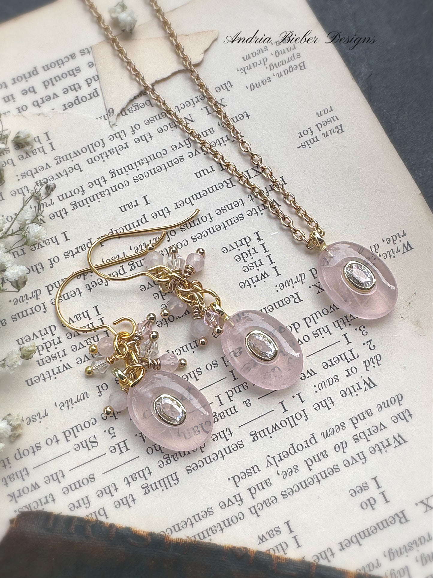 rose quartz, clear crystal, gold metal, drop earrings