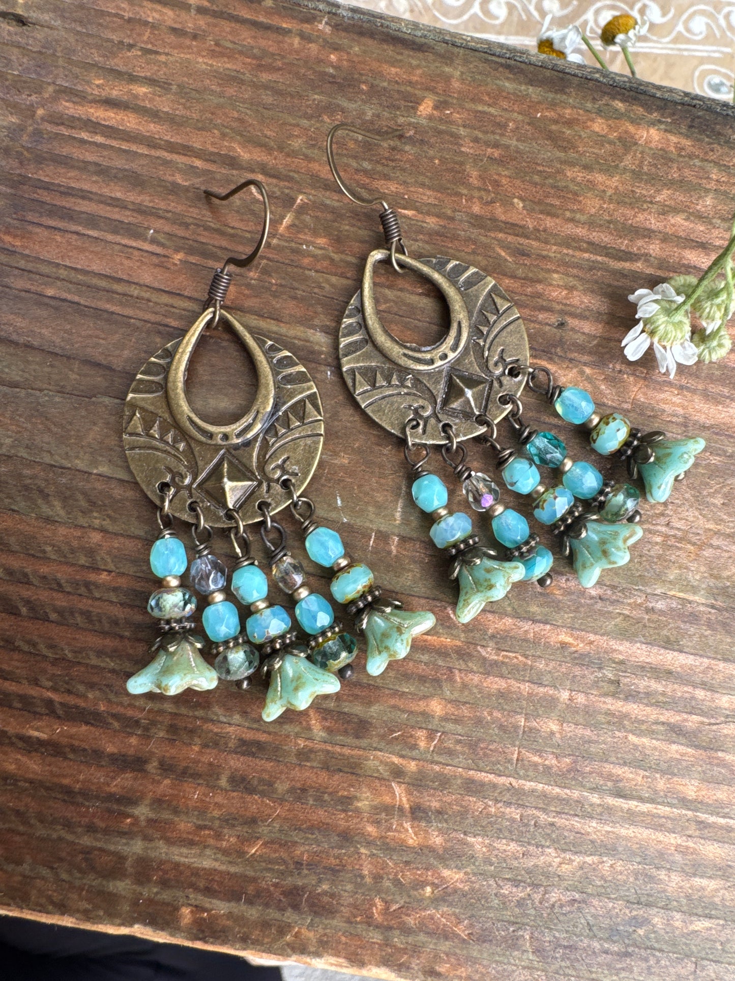 Teal Czech glass, bronze, boho, earrings