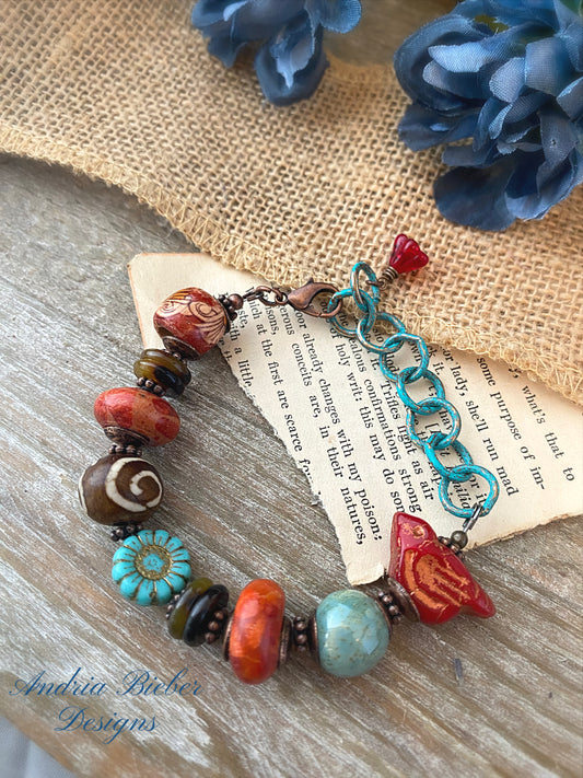 Turquoise painted chain, czech glass, ceramic, wood, copper metal, bracelet