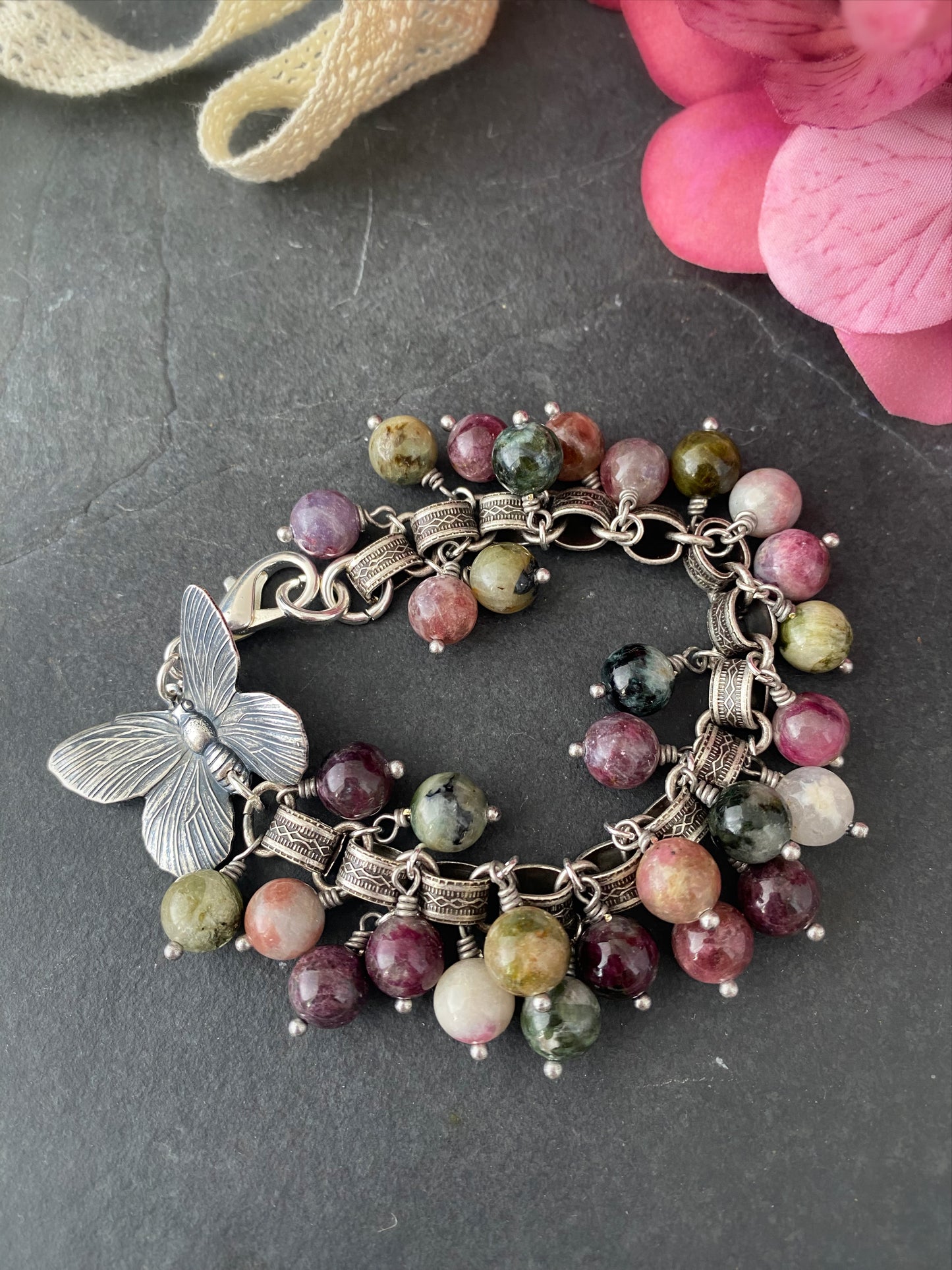 Watermelon tourmaline gemstone, chain, silver bracelet, jewelry