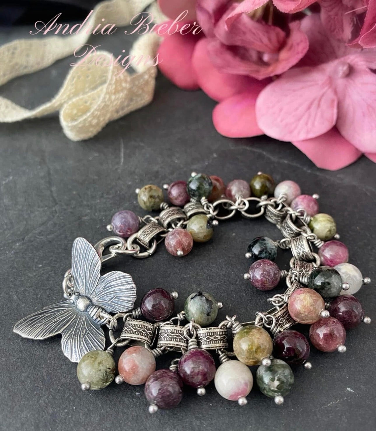 Silver butterfly. Watermelon Tourmaline, silver vintage detail chain, bracelet