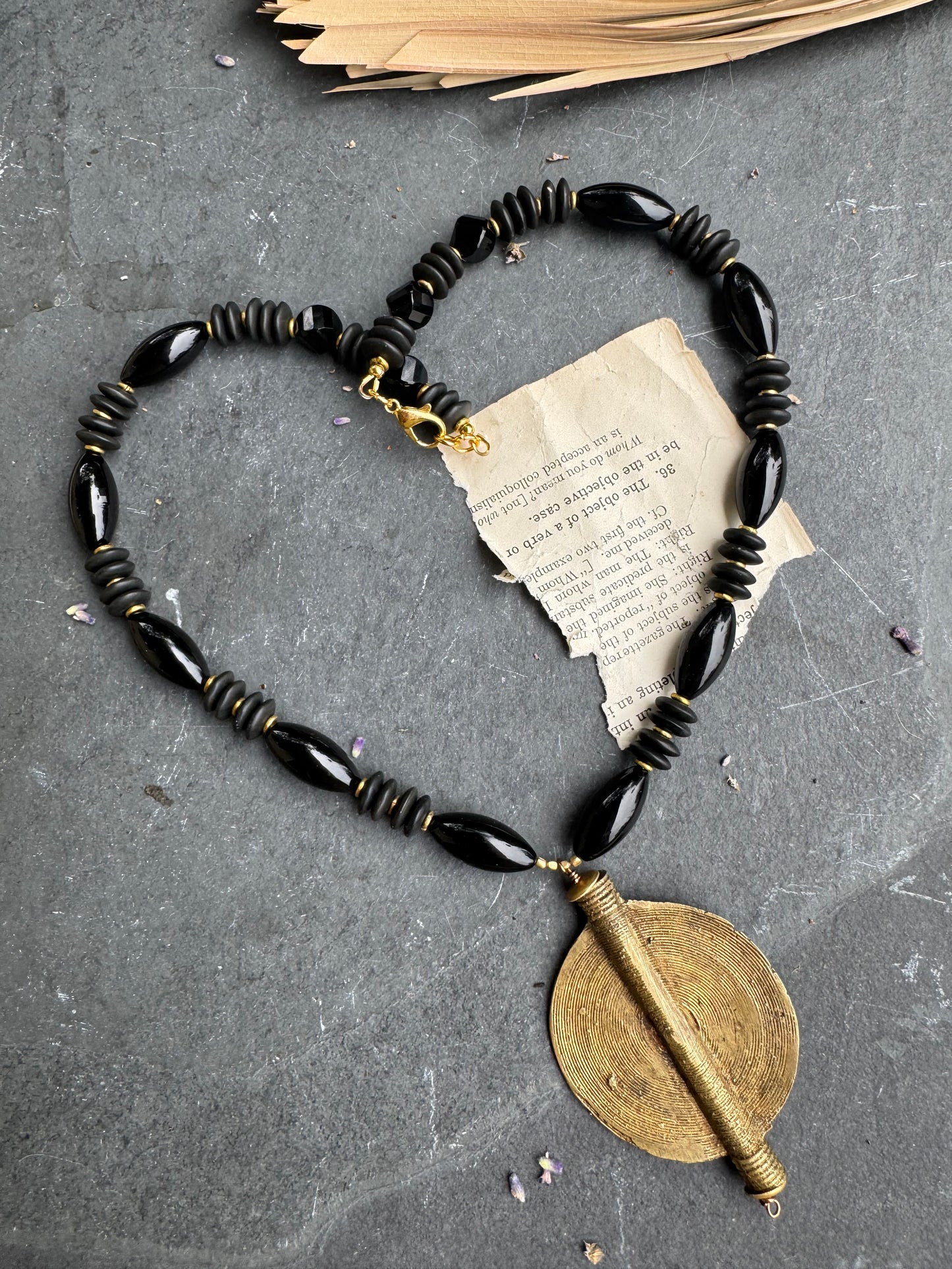 Black onyx Stone, African glass, african brass, necklace, jewelry