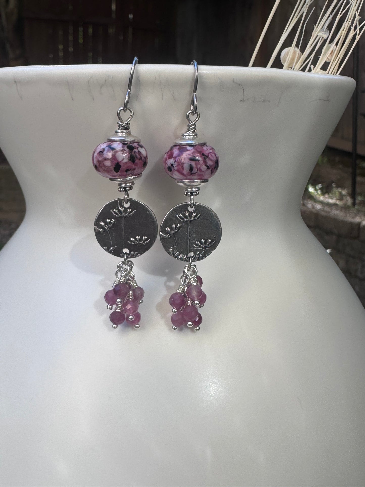 Handmade lampwork glass, silver pewter flower charm, pink tourmaline stone, earrings