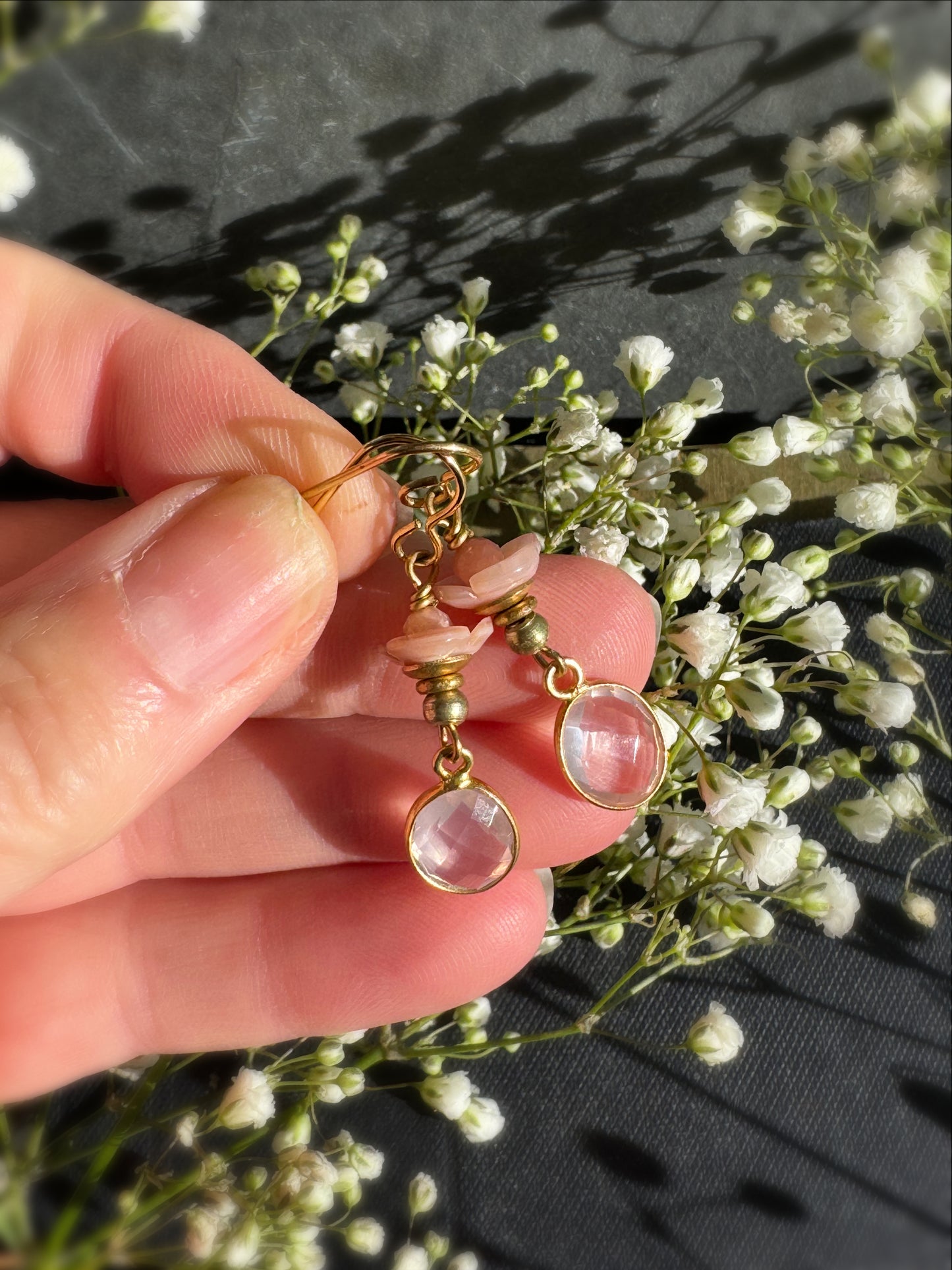Pink opal, vermeil gold rose quartz drops, pink shell blossoms, gold metal, earrings