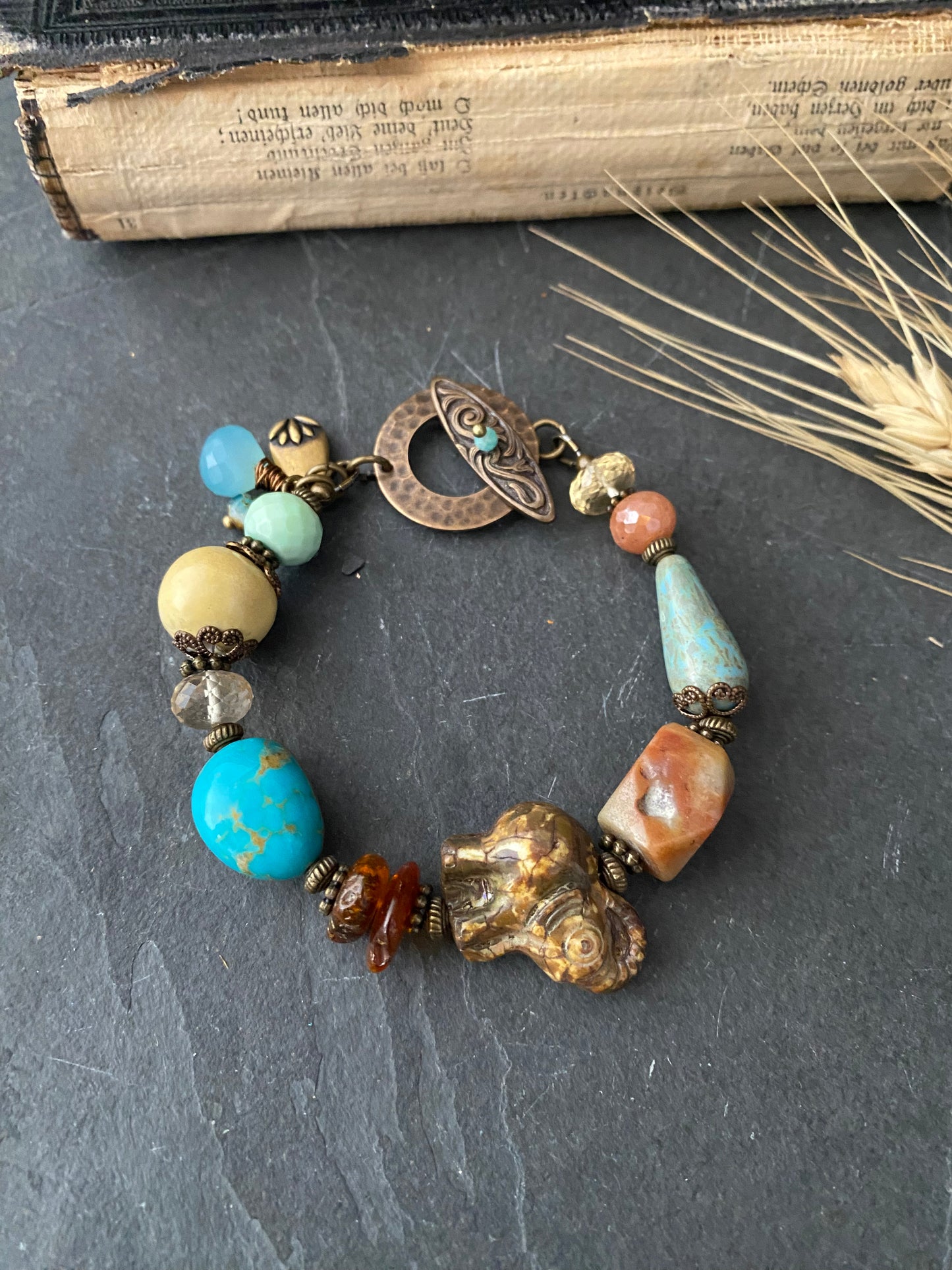 Turquoise, amber, citrine, ceramic, elephant czech glass, bronze metal, bracelet, jewelry