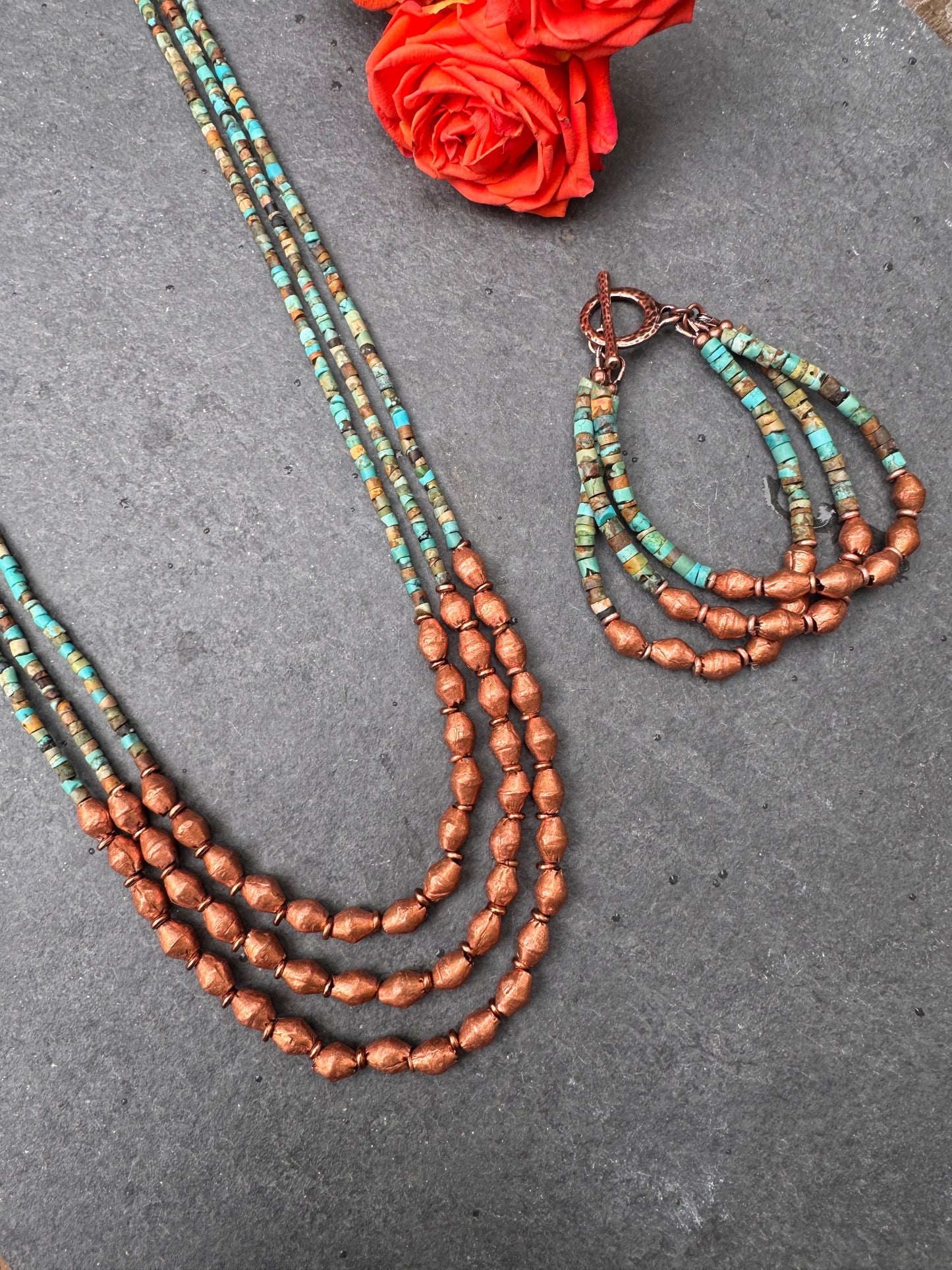 Turquoise stone, copper metal, multi strand, necklace