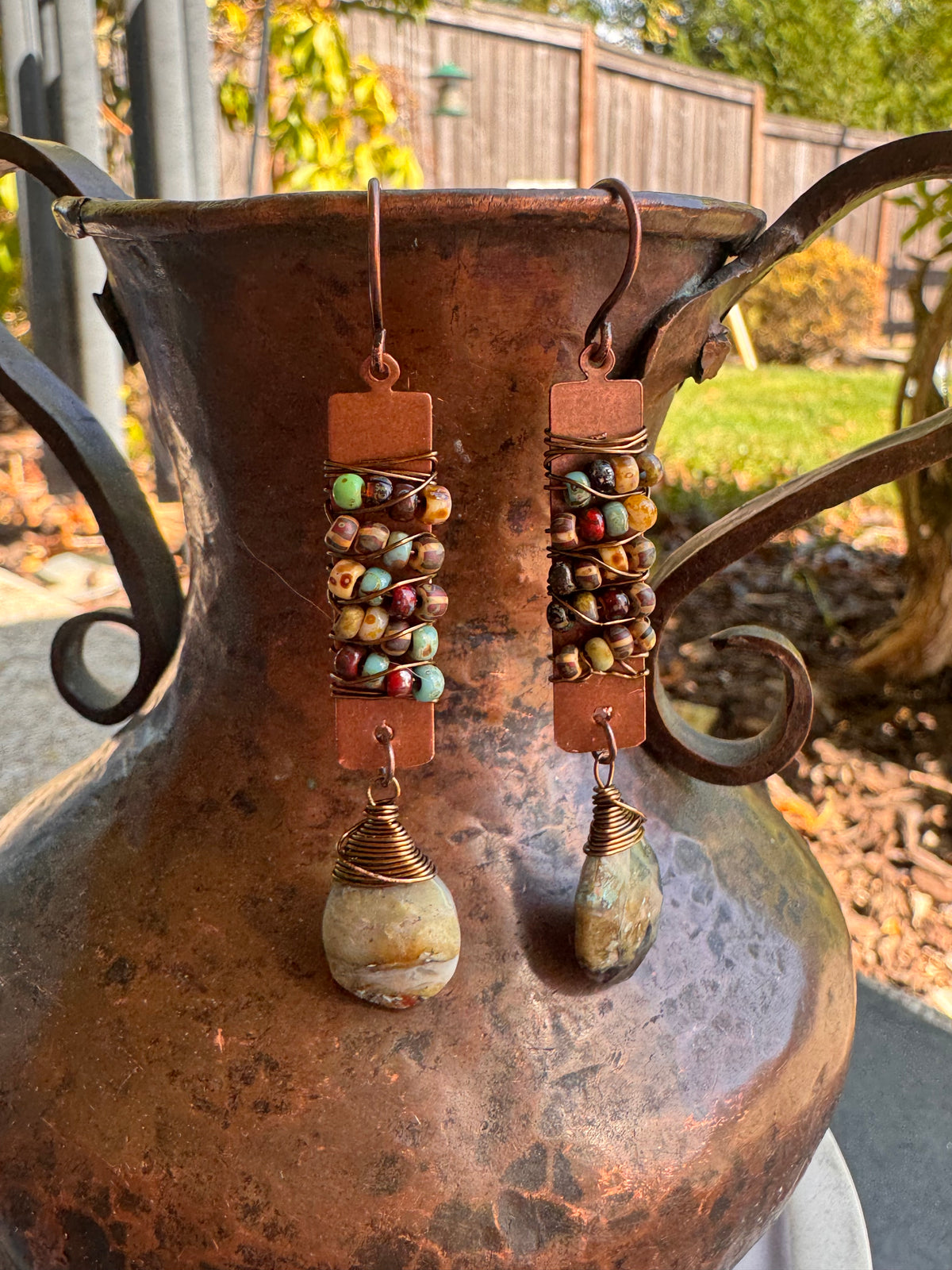 Genstone drops, Czech glass, copper metal, earrings