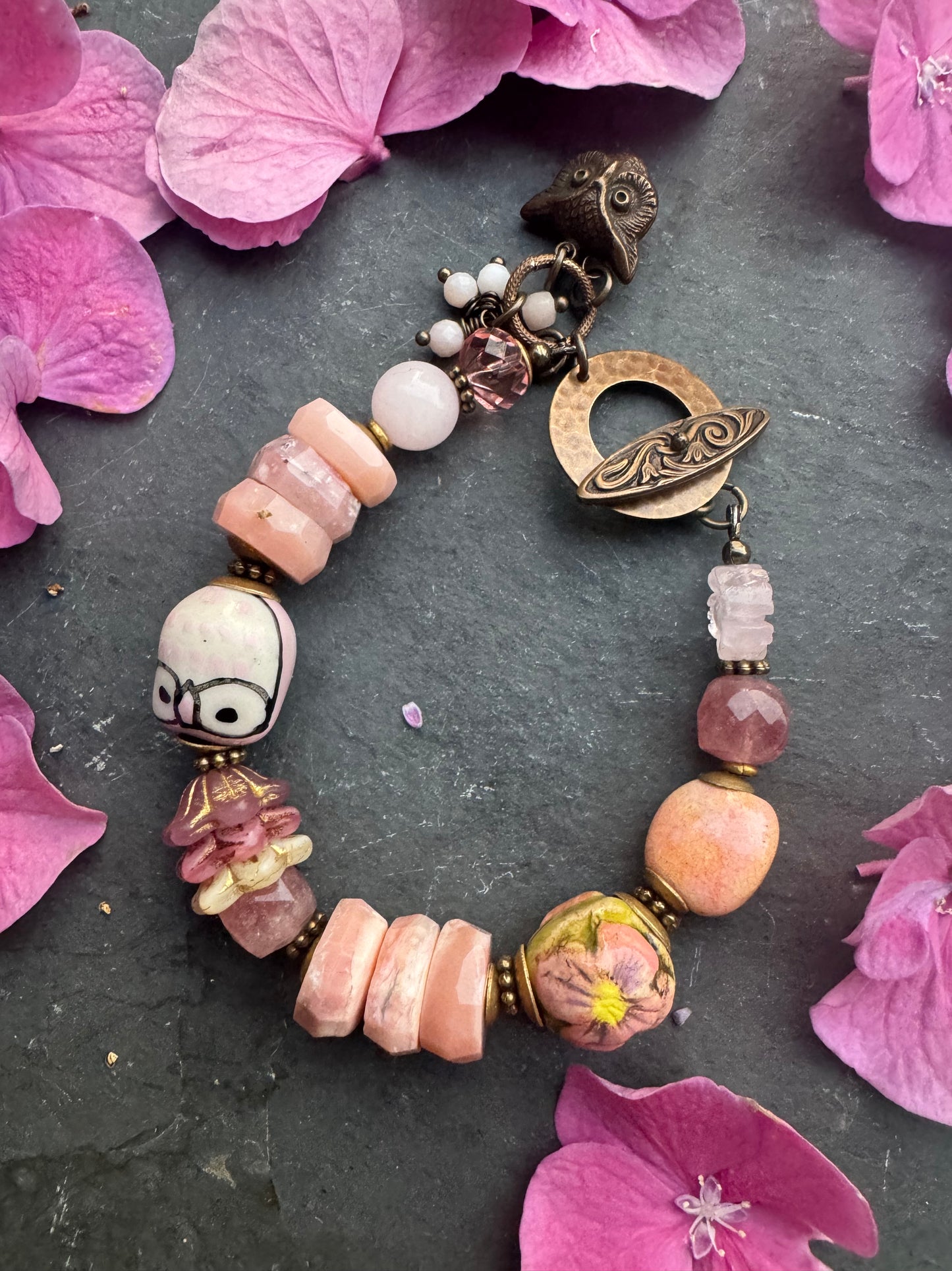 Strawberry quartz, czech glass, lampwork glass, pink opal, ceramic, brass metal.
