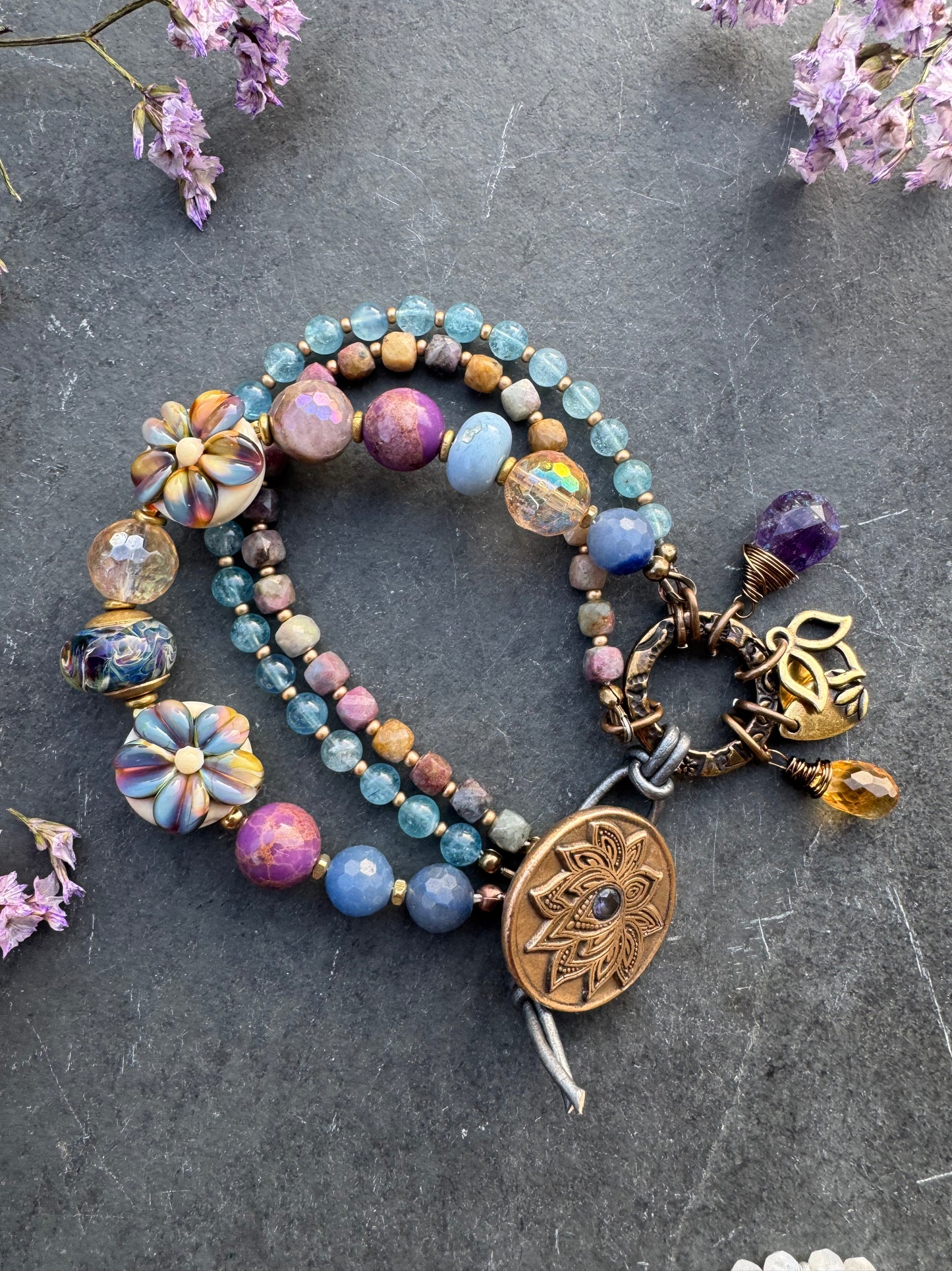 Lamp work glass, mixed gemstone, handmade, lotus flower metal button clasp 