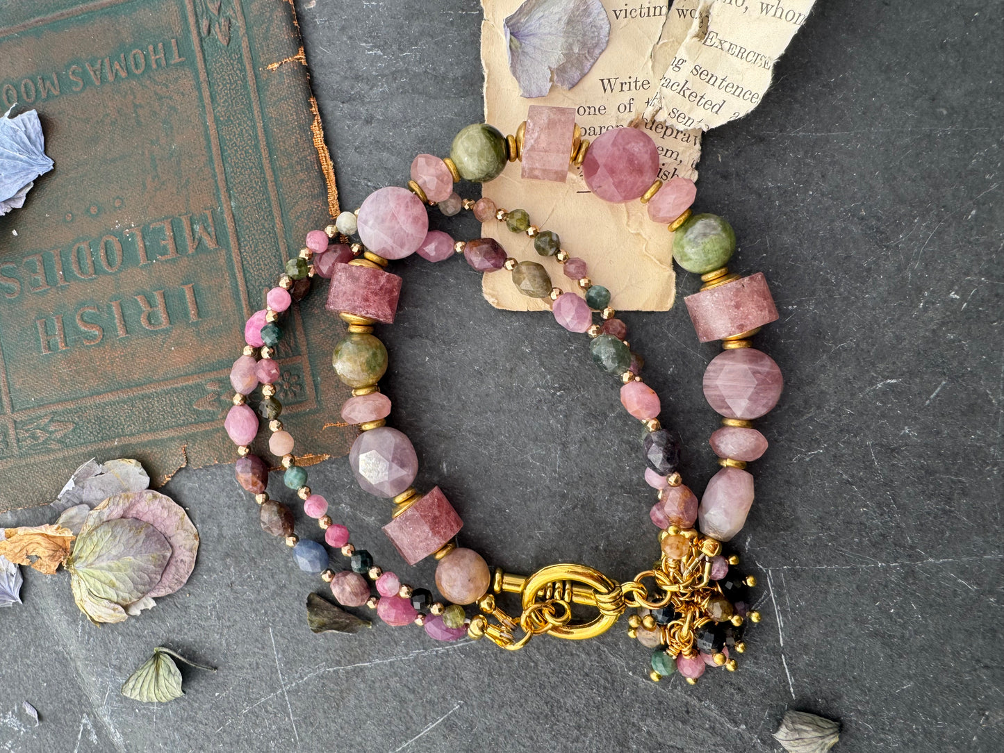 Watermelon tourmaline stone, rose quartz, strawberry quartz, hematite, gold metal, bracelet.