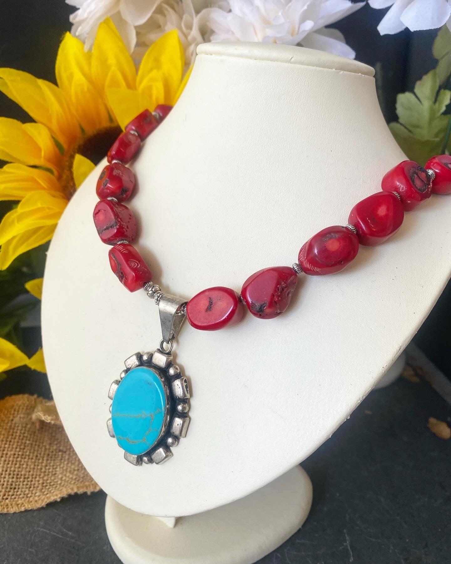 Red coral, turquoise stone, turquoise pendant, silver metal, necklace