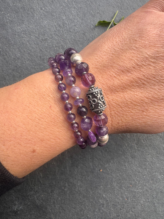 amethyst stone, silver metal, multi strand, bracelet