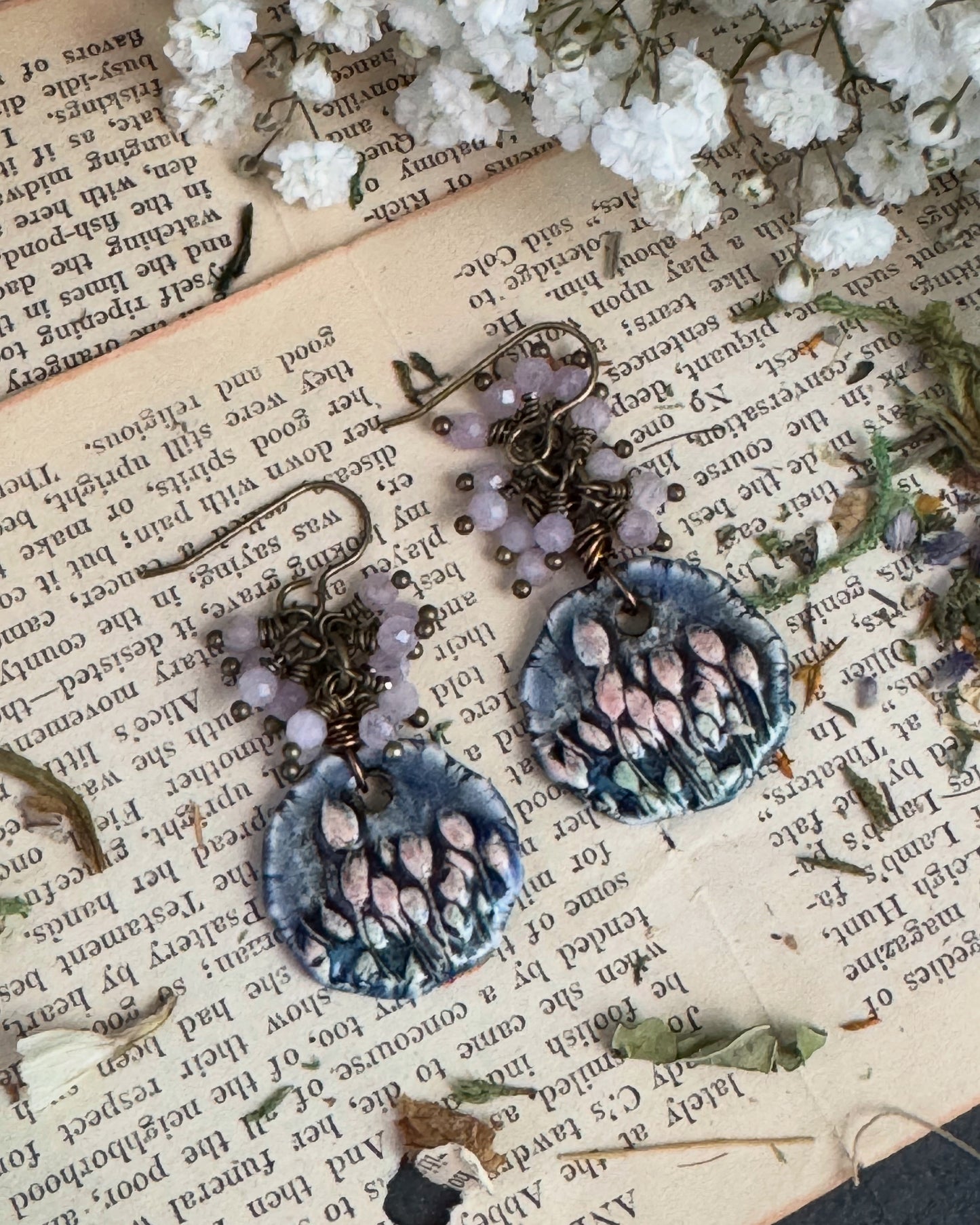 Ceramic charms with amethyst stone earrings.