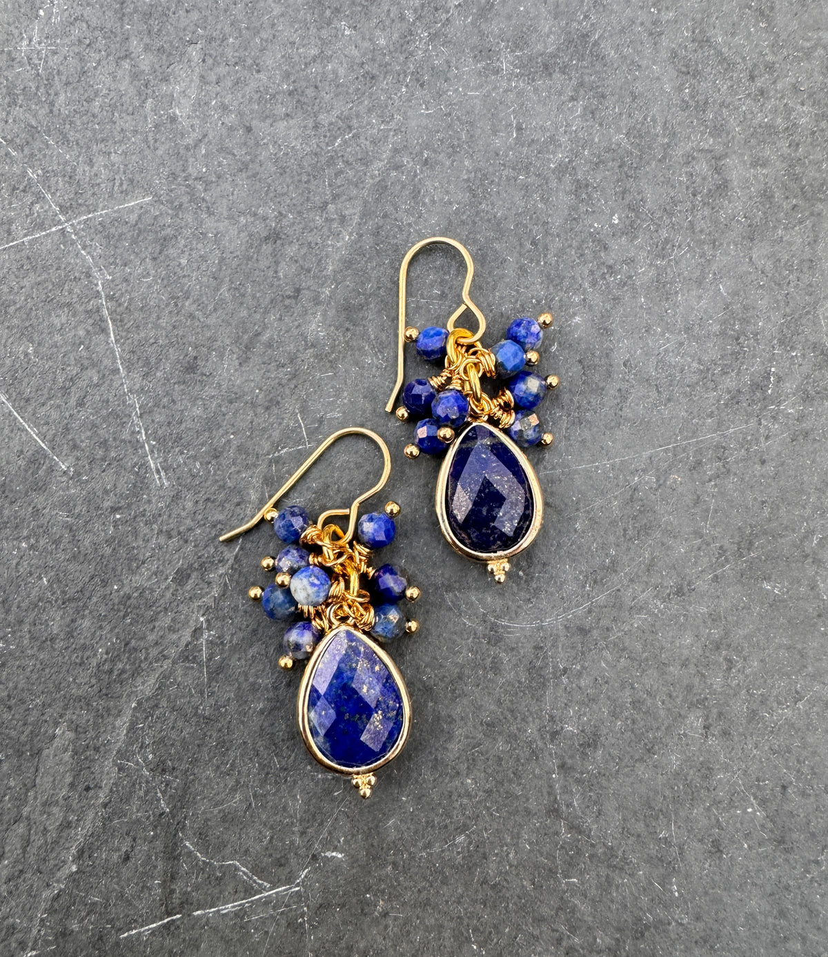 Lapis lazuli stone, gold metal, drop, earrings