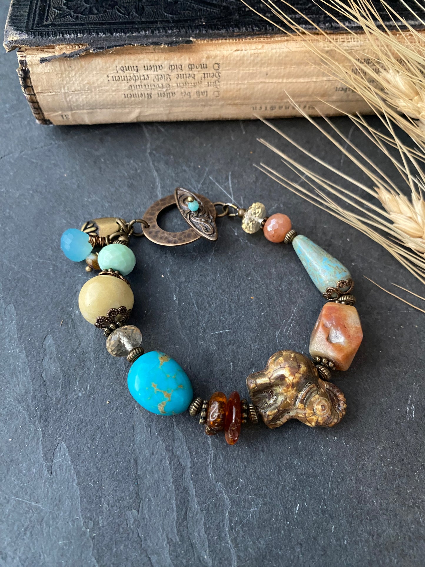 Turquoise, amber, citrine, ceramic, elephant czech glass, bronze metal, bracelet, jewelry