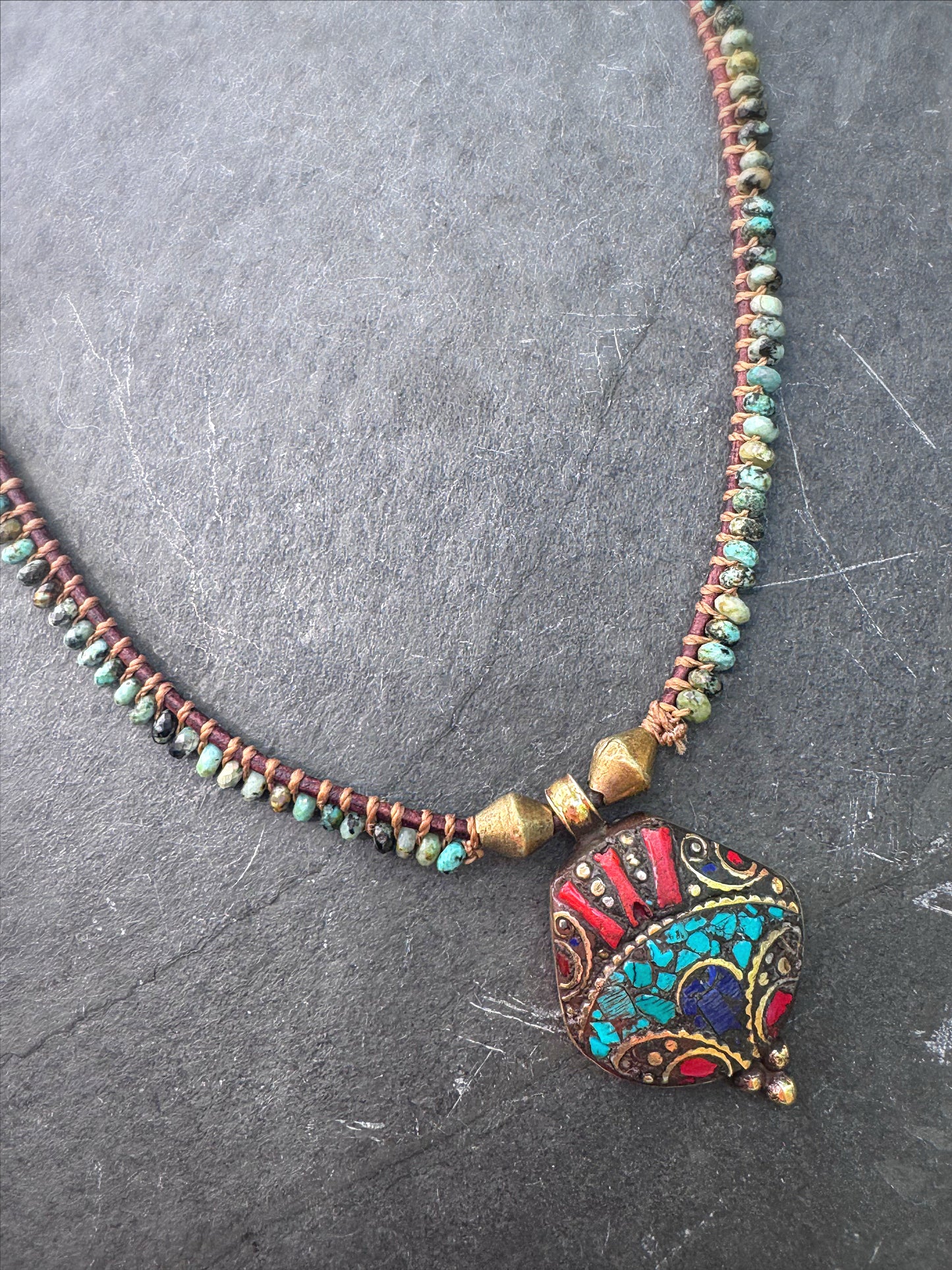 Turquoise, leather, Nepal pendant, necklace
