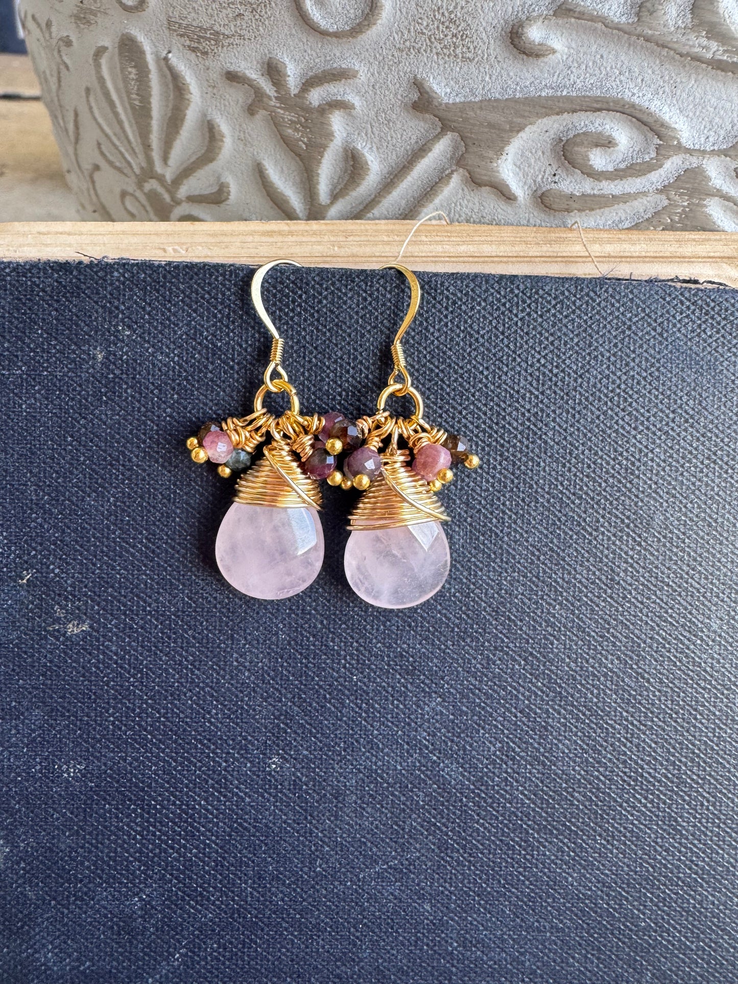 rose quartz, watermelon tourmaline, gold metal, earrings