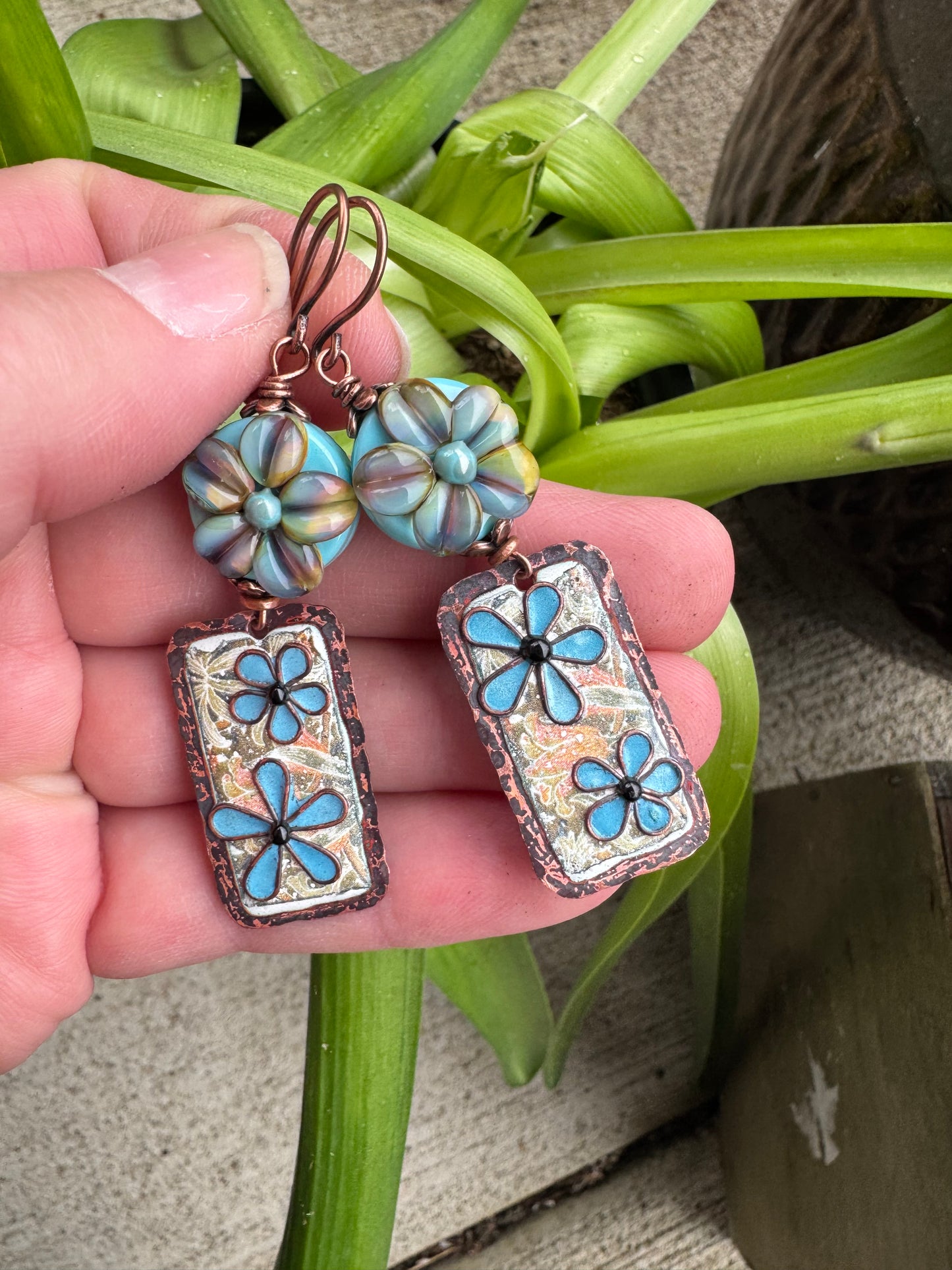 Enamel charm copper metal, with flower lampwork glass, earrings