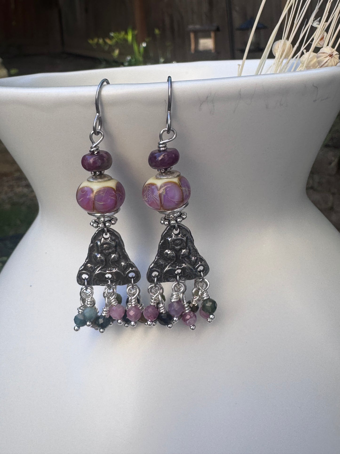 Handmade lampwork glass, silver pewter flower charm, watermelon tourmaline stone, earrings