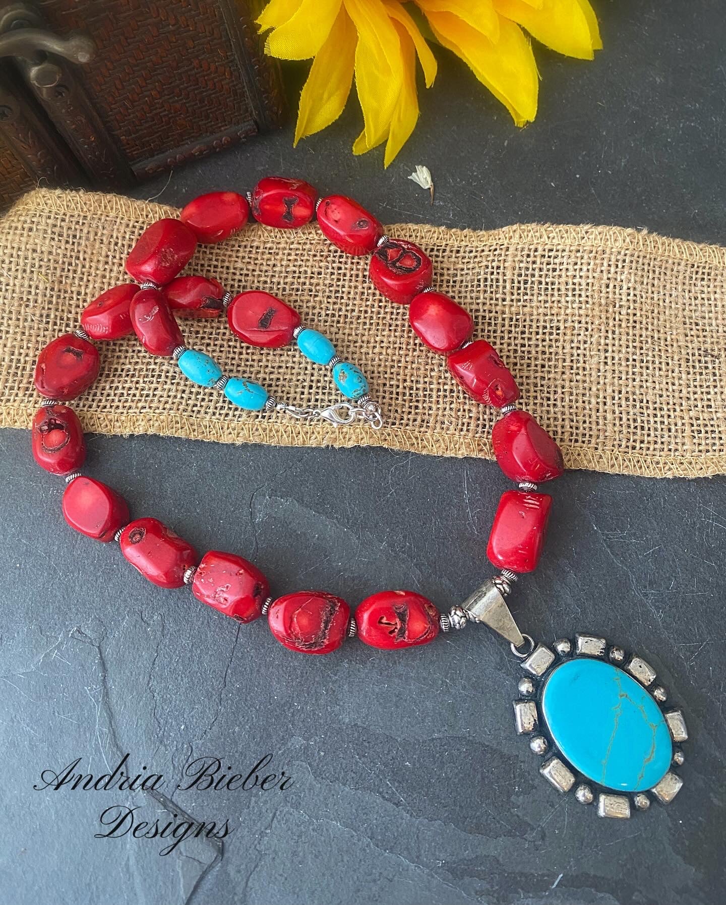 Red coral, turquoise stone, turquoise pendant, silver metal, necklace