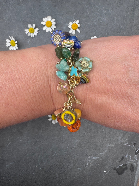 Bead kit. Rainbow bracelet. Mixed gemstone, Czech glass, charms and chain.