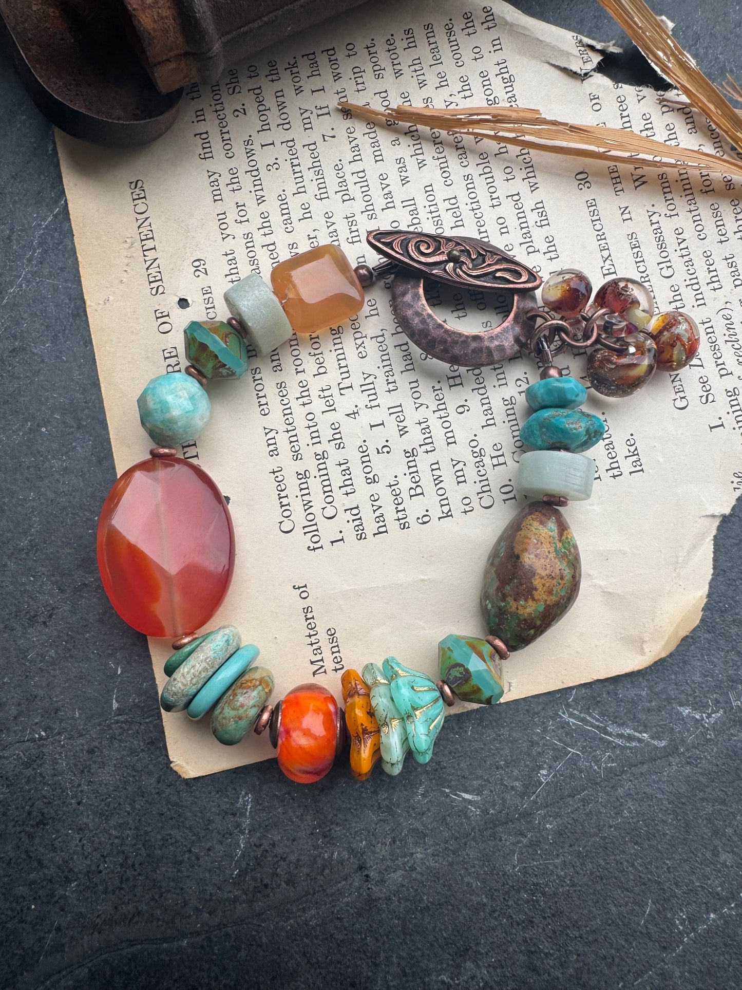 Turquoise (kingman), carnelian agate, Amazonite, Czech glass, copper, lampwork glass, bracelet