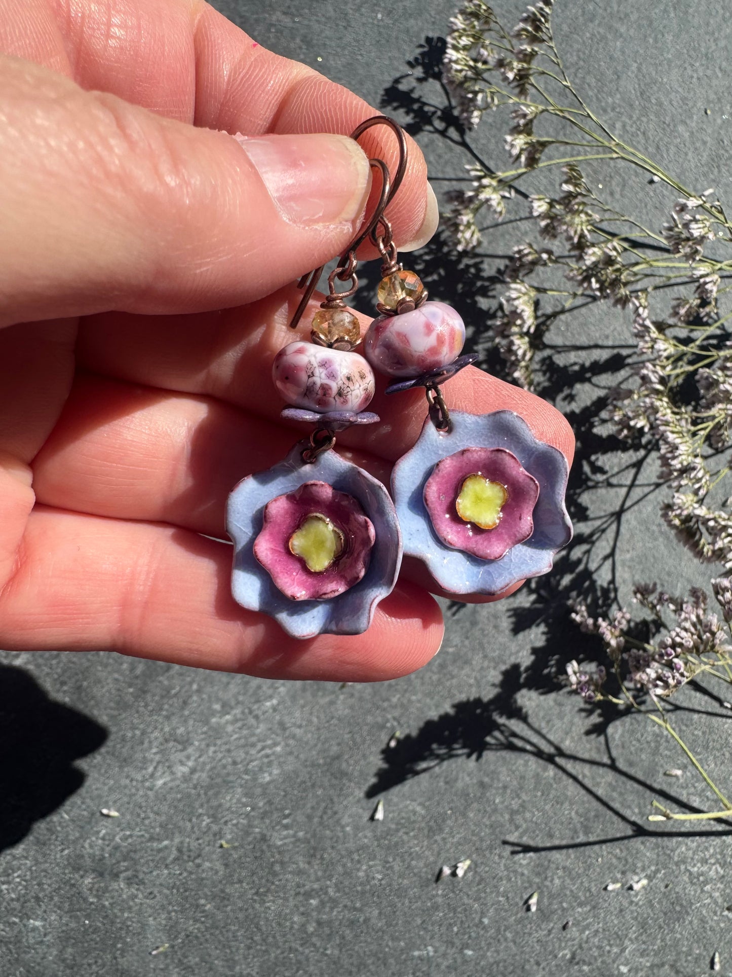 Enamel charm in glass and copper metal, floral ruffle charms, handmade lampwork glass, earrings