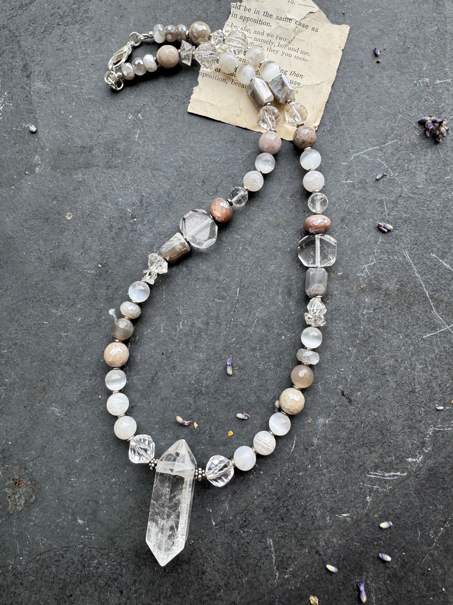 Labradorite stone, clear quartz, moonstone, crystal pendant, sterling silver metal, necklace.
