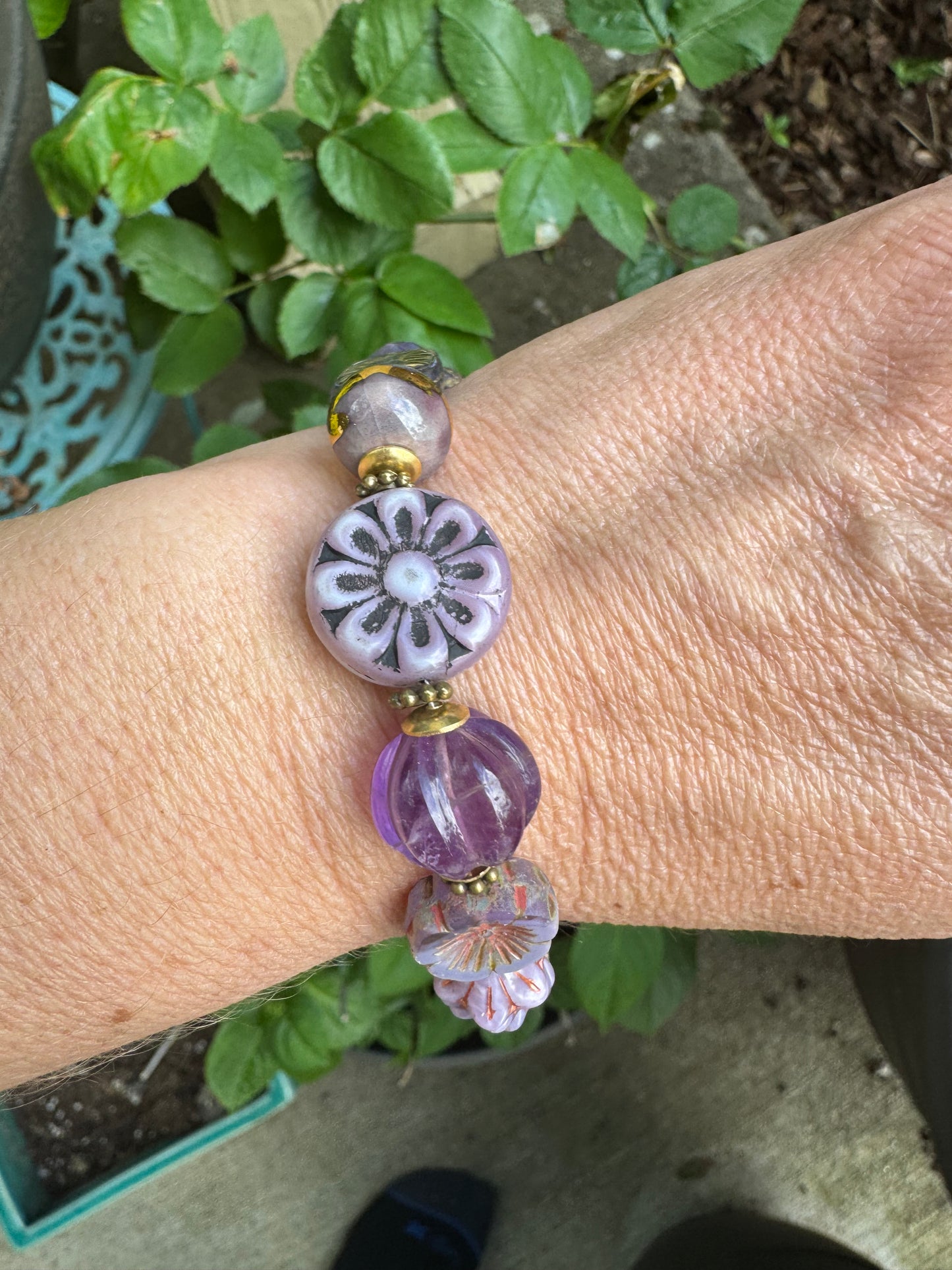 Amethyst stone, czech glass, brass, bracelet.