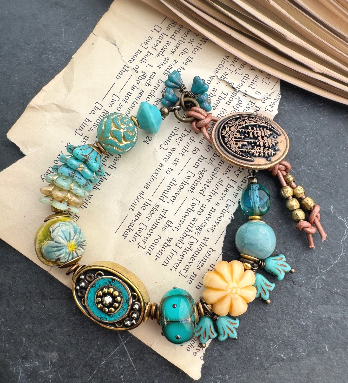 Handmade lampwork glass, Czech glass, ceramic, Indonesian with turquoise bead, bone flower and African brass, button flower, bracelet