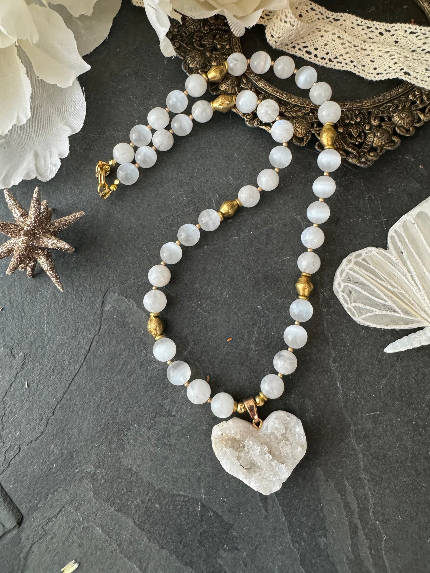 (Moonstone, selenite stone, heart druzy pendant, brass metal, necklace