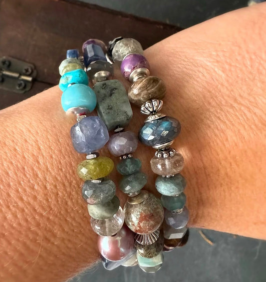 Mixed stone, multi strand, silver metal, bracelet