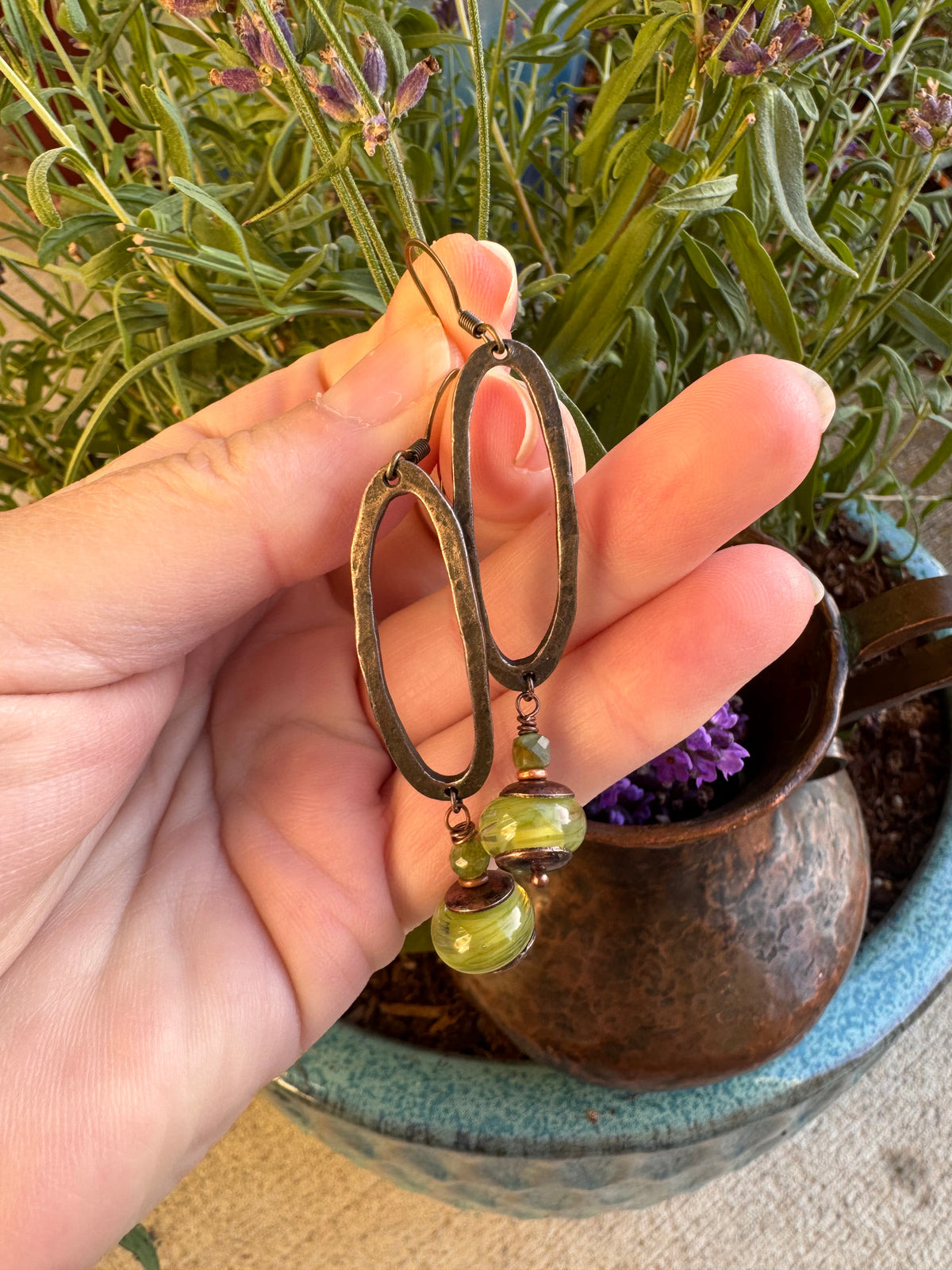 Olive green, Handmade lamp work Glass, bronze metal , earrings