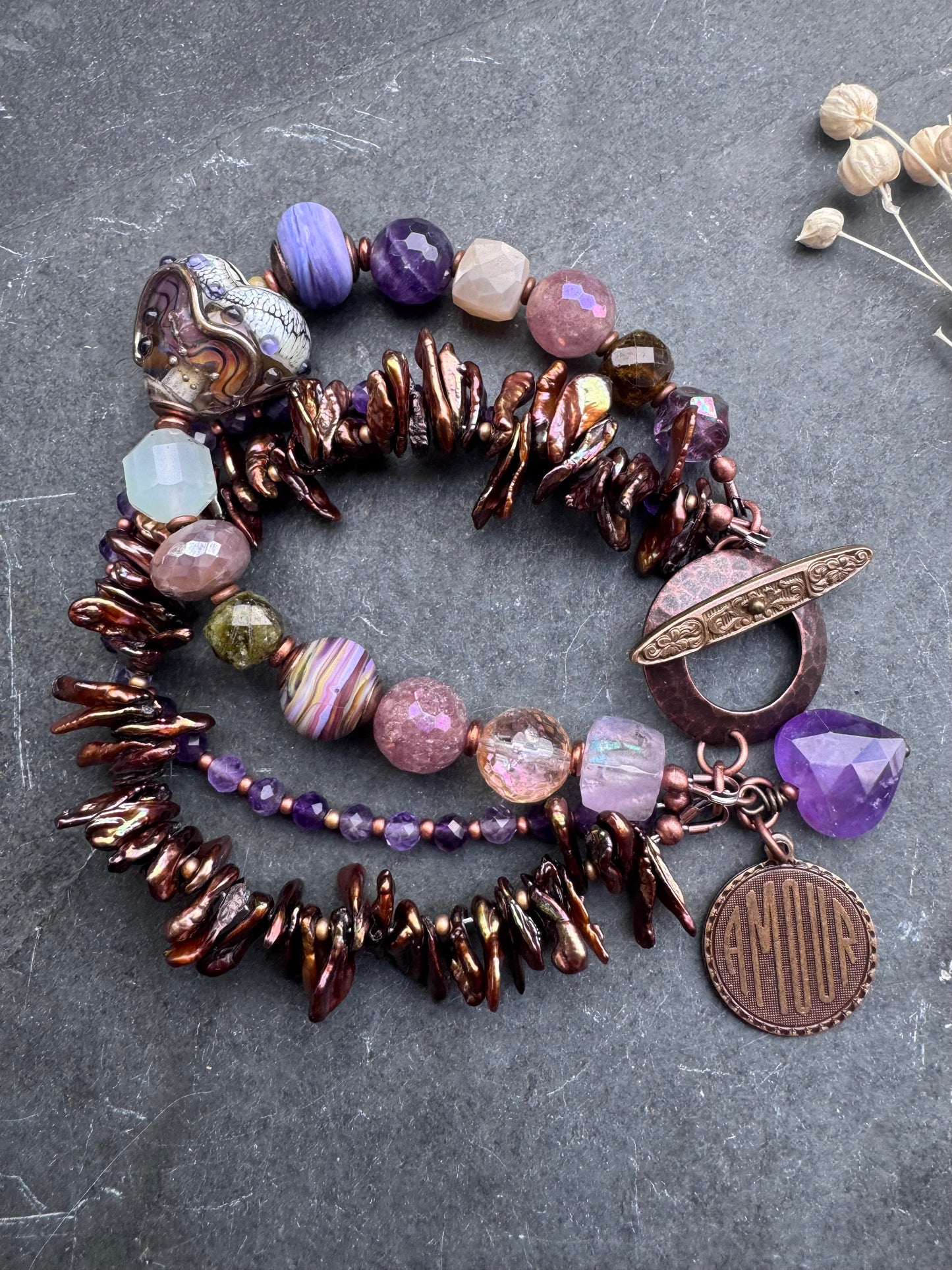 Amour. lampwork glass, amethyst, citrine, strawberry quartz, moonstone, green garnet, pearls, bracelet.
