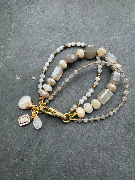 Moonstone, rhinestone clasp, multi strand, gold metal, bracelet.
