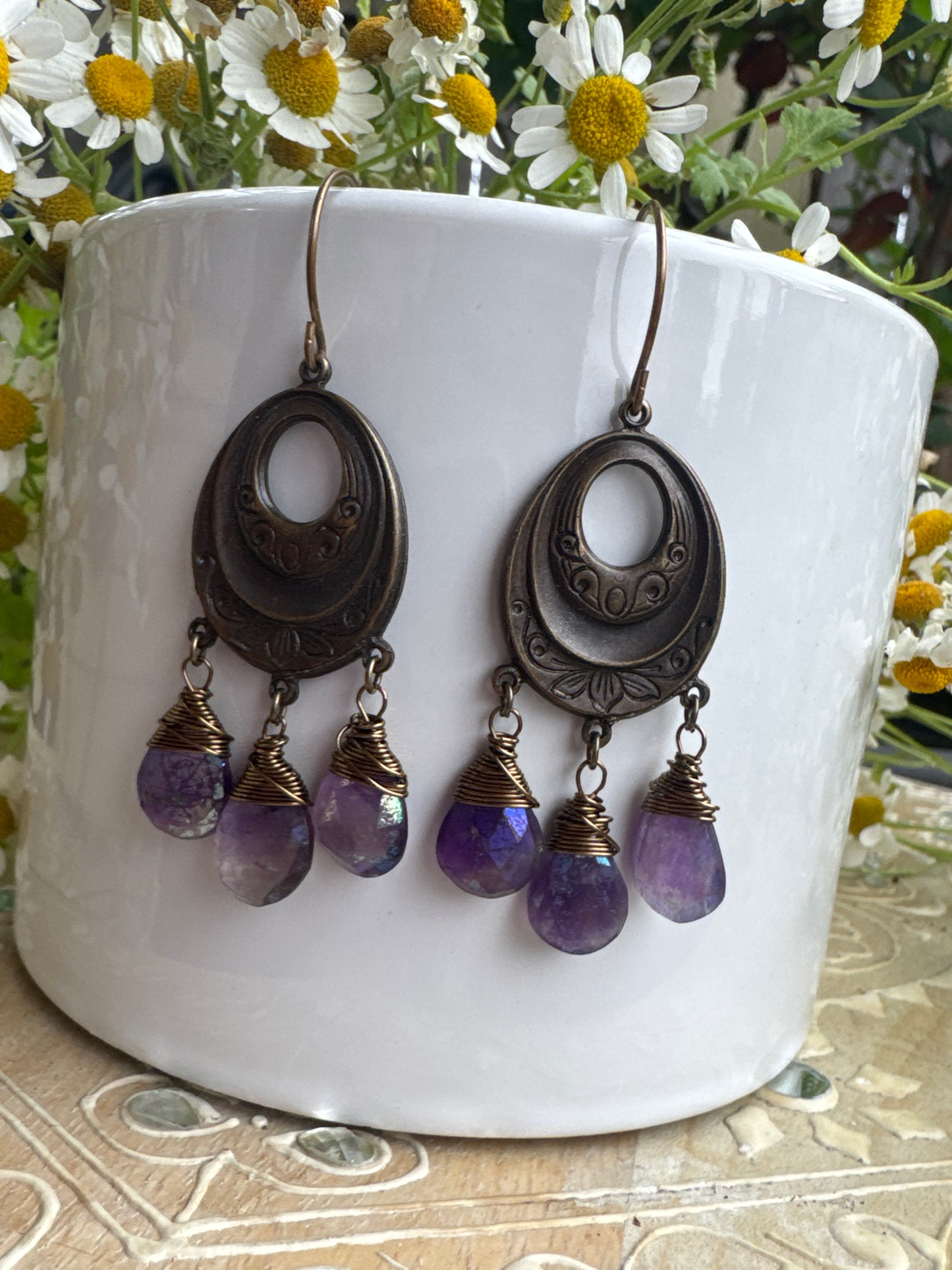 Bronze floral charms, amethyst teardrop mystic stone, earrings