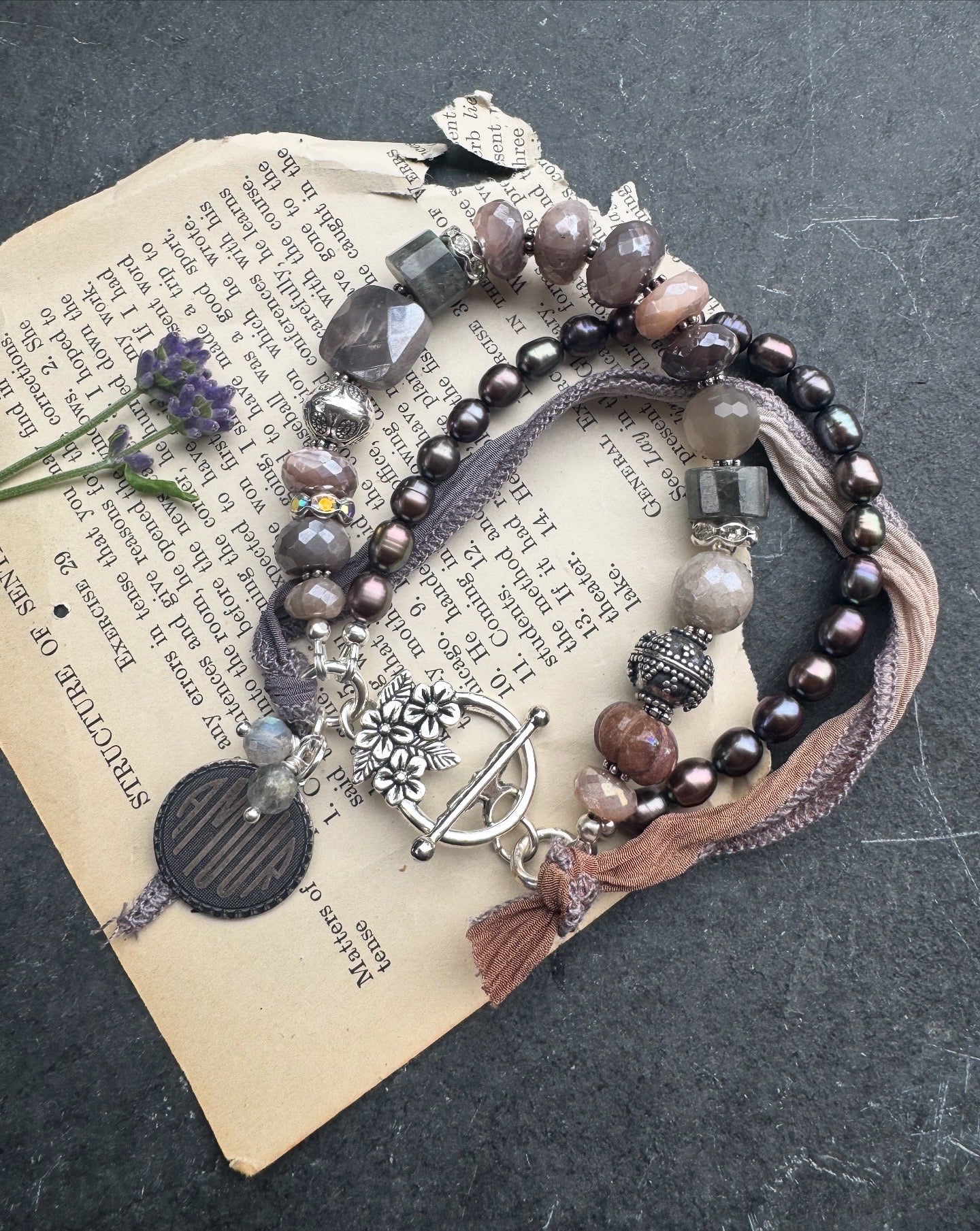 Peach & grey moonstone, grey pearls, silk ribbon, and sterling silver metal.