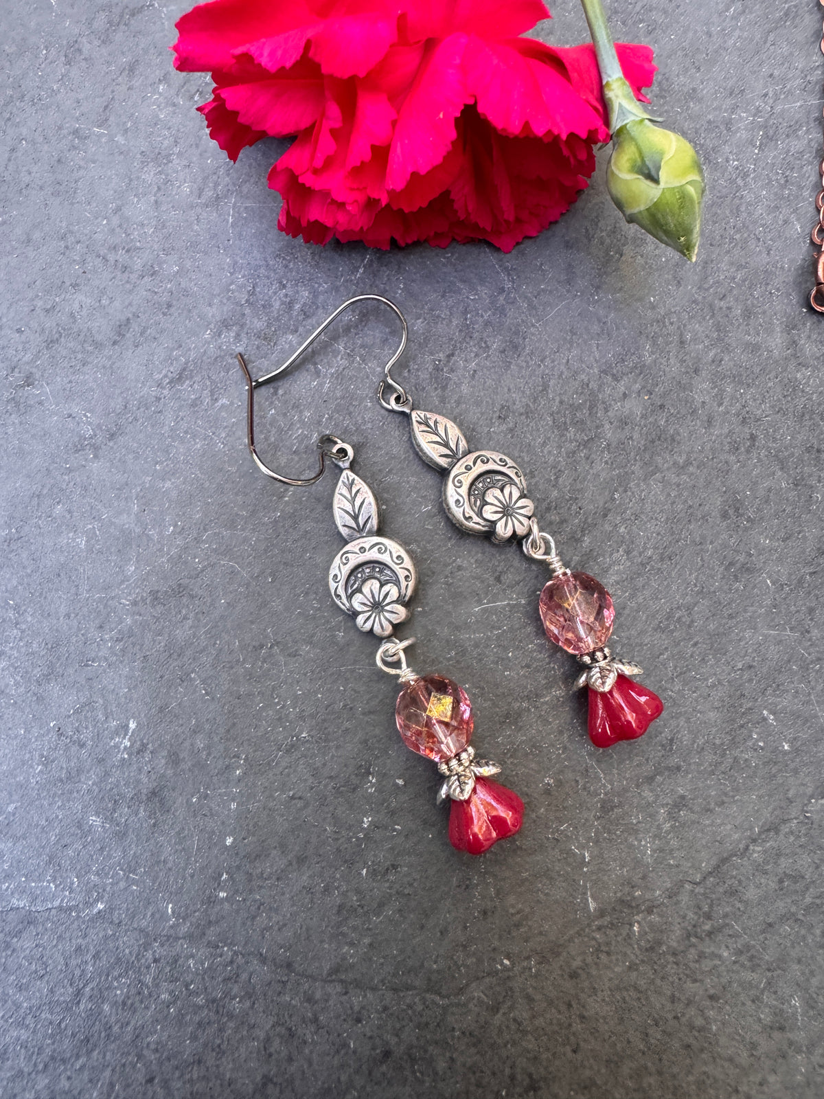 Pink Czech glass, silver filigree drop, earrings.